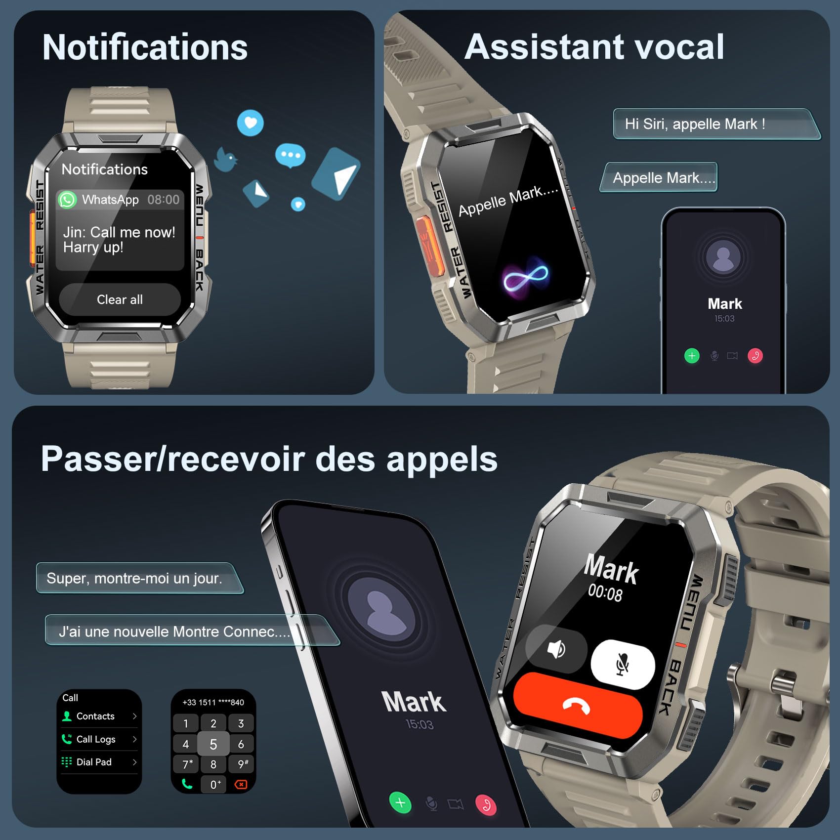 Blackview W60 Montre Connectée Homme, Fonction Ilumination, Double Bracelets, Écran 1.39" TFT, Cardiofréquence/SPO2 à 24 Heures, Analyse Sommeil, 100 Modes de Sport, pour Android/iOS (Kakhi)
