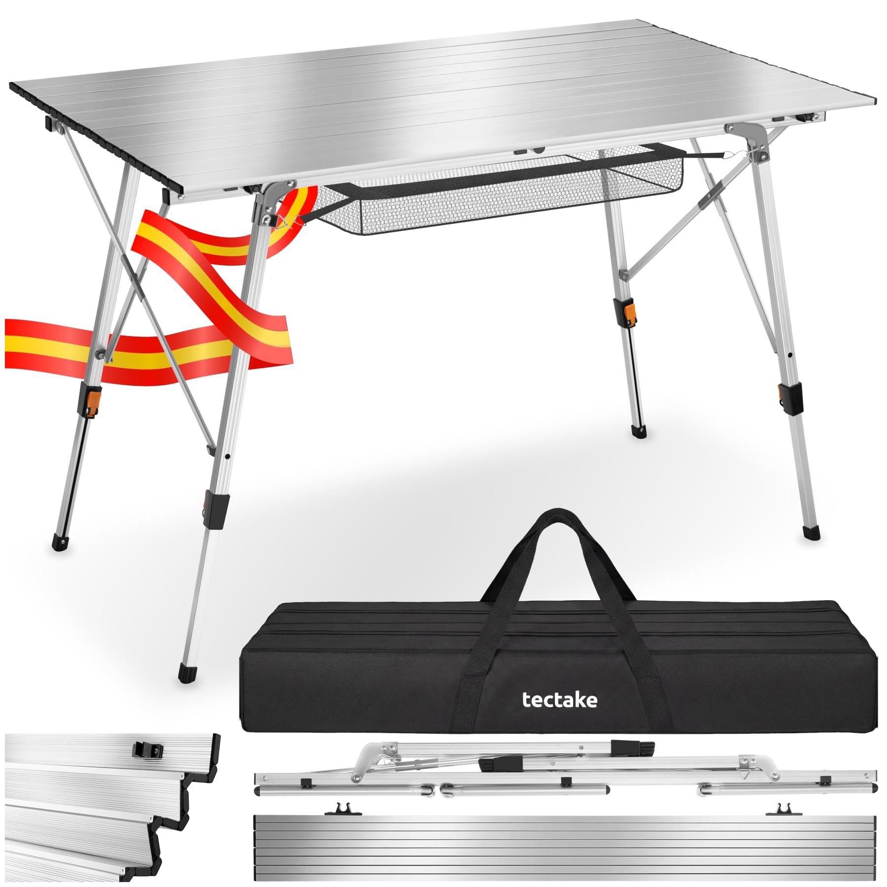 tectake® Mesa Camping Plegable con Altura Ajustable, Mesa Auxiliar de Aluminio con Topes, Mesa Exterior para Jardín, Terraza, Picnic, con Red de Almacenamiento y Bolsa de Transporte, 90x52x70 - Plata