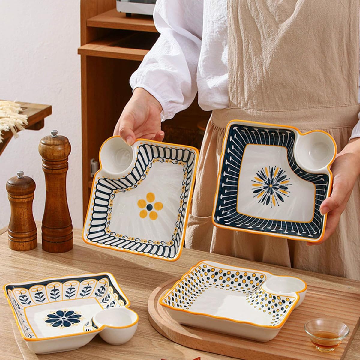 VANZACK Keramik Saucenschale mit Geteiltem Fach Multifunktionaler Teller für Knödel und Frühstück Delikates Design und Praktische Trennung für Essensvielfalt