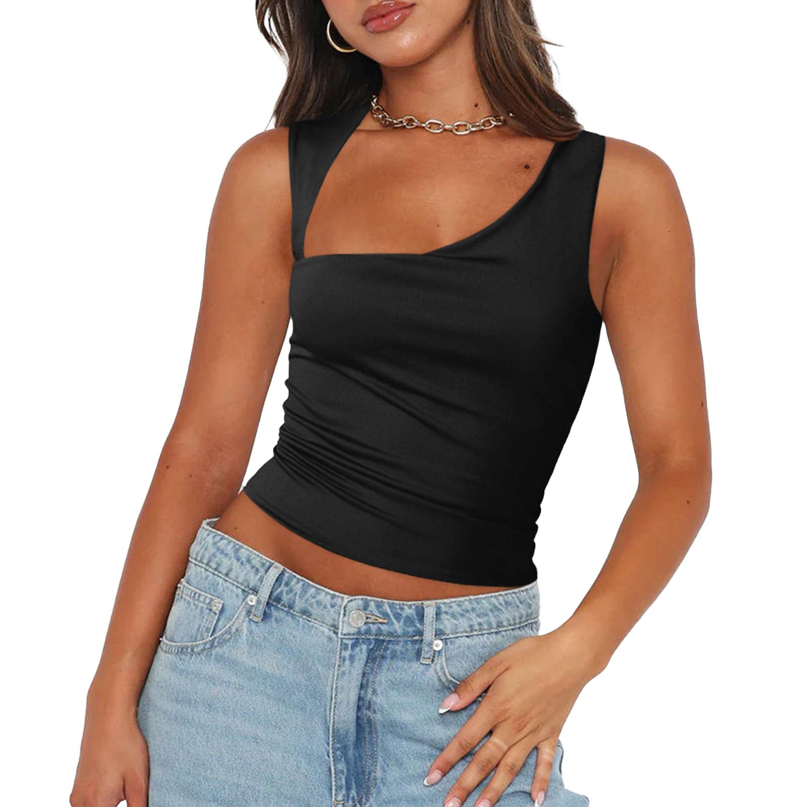 Mandonce Y2K Tank Top for Women Irregular Neckline Sleeveless Crop Tops Halter Tops Sexy Outfit for Women Trendy