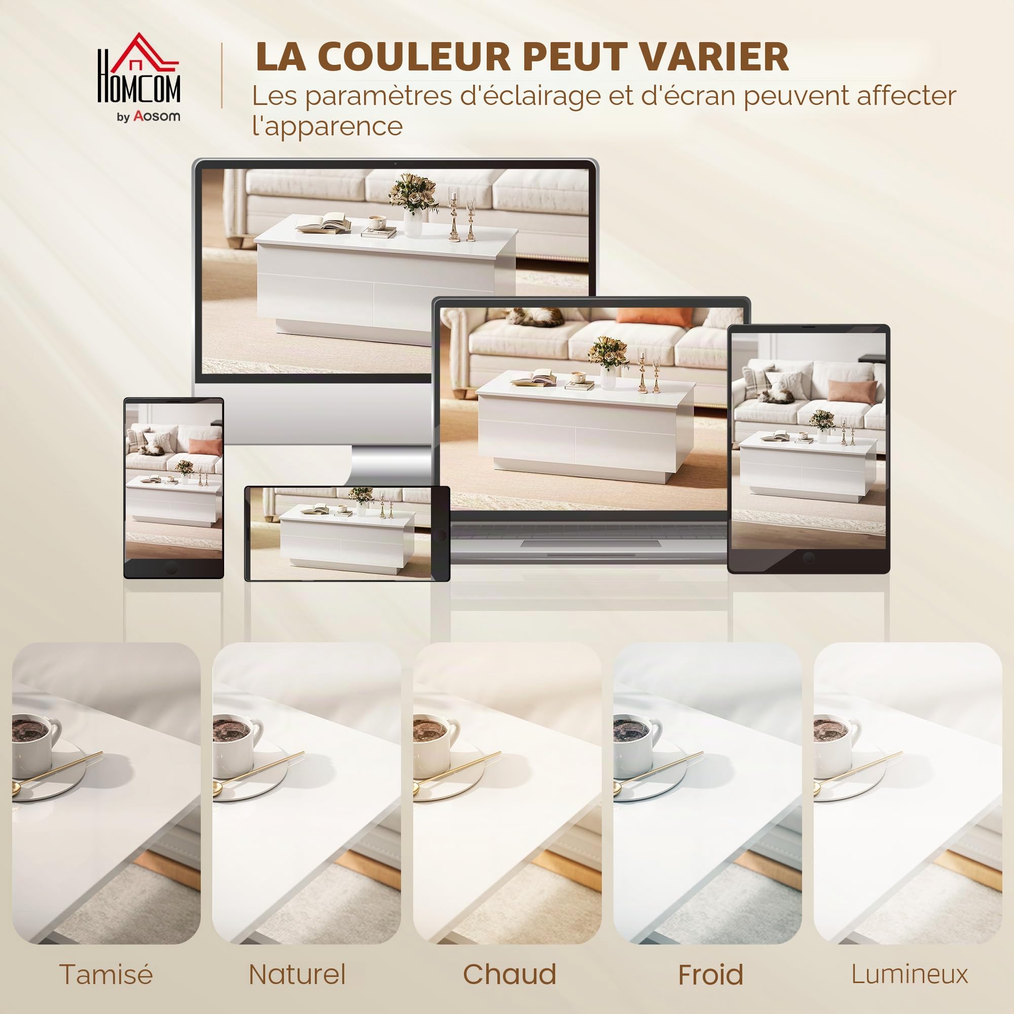 Table Basse HOMCOM réglable en Hauteur, Table de Salon avec Plateau relevable, 2 tiroirs et Espace de Rangement caché, Table Basse pour Salon, Blanc Brillant