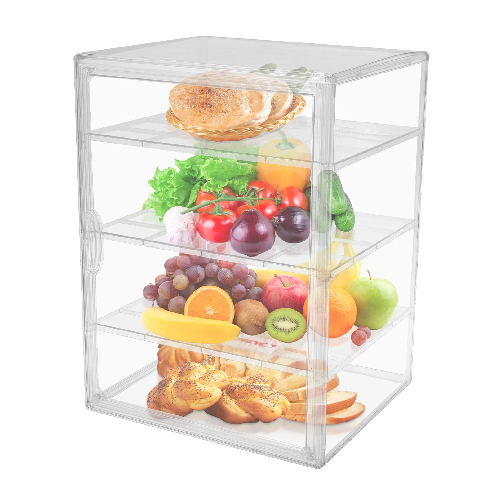 Vetrina per pasticceria, 4 strati in acrilico per piano di lavoro della cucina, 29 × 25 × 39,2 cm, contenitore per il pane trasparente regolabile con porta magnetica, supporto per il display della