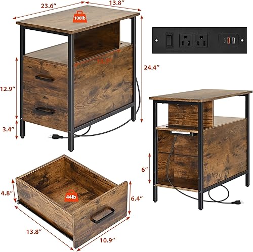 Miniatura 3 de Livofloral Mesas auxiliares con estación de carga, mesa auxiliar estrecha con 2 cajones de madera, puertos USB y tomas de corriente, mesita de noche