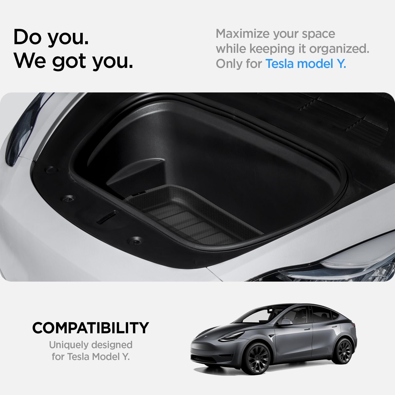 Spigen Tesla Model Y (~2024) Vordere Kofferraummatte, Stoßfestes XPE-Material zum Schutz der Innenfächer, wasserdichte Oberfläche Kofferraumwanne für Tesla Model Y Zubehör - Carbon Edition