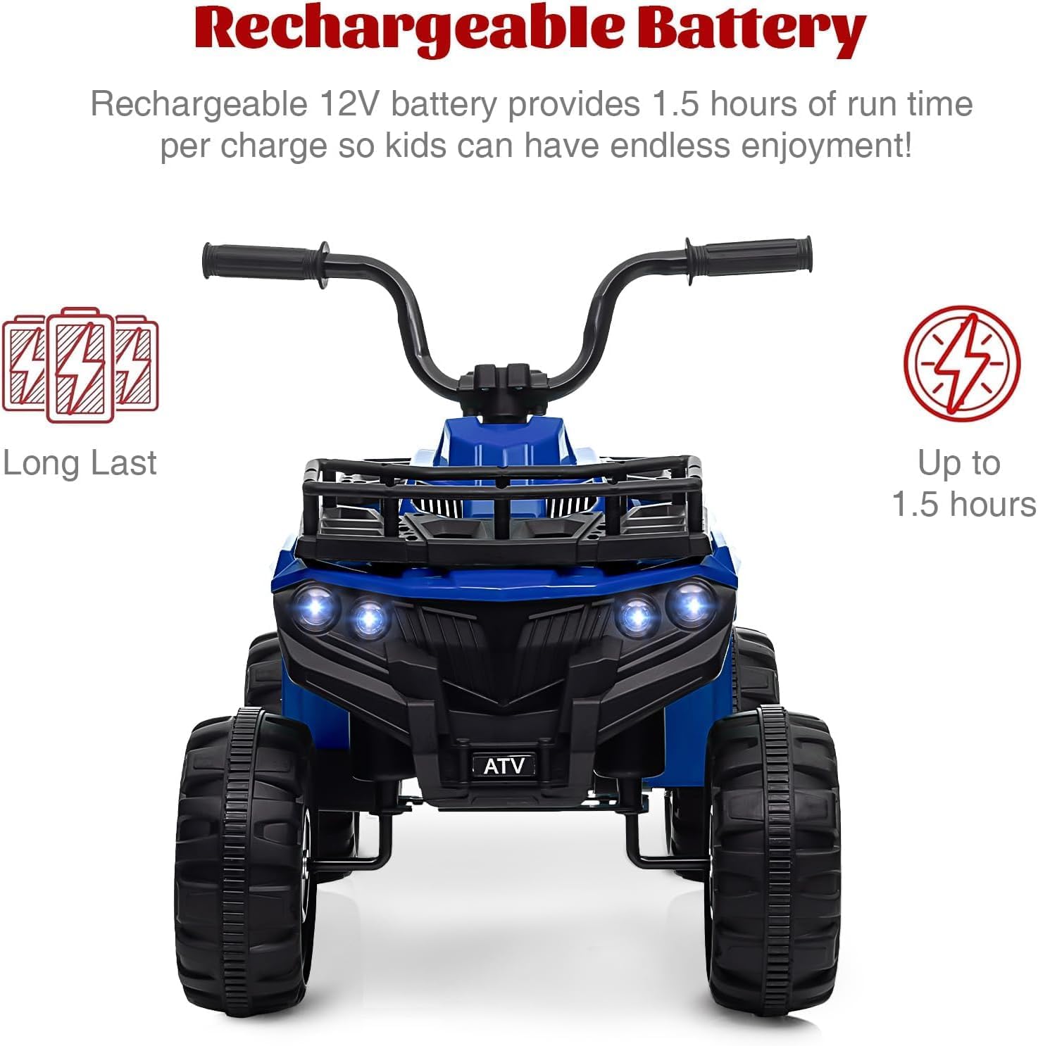 12V Quad Eléctrico para Niños 4.5Ah, 2 Motores, 4 Ruedas, 4 Faros LED Delanteros, Música, 2 Velocidades, para 2–5 Años, Azul