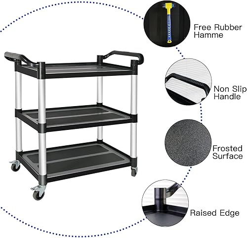 Miniatura 2 de Carros utilitarios de plástico con ruedas, carrito de restaurante de 3 niveles, carrito de servicio de alimentos resistente 420 libras, carrito de