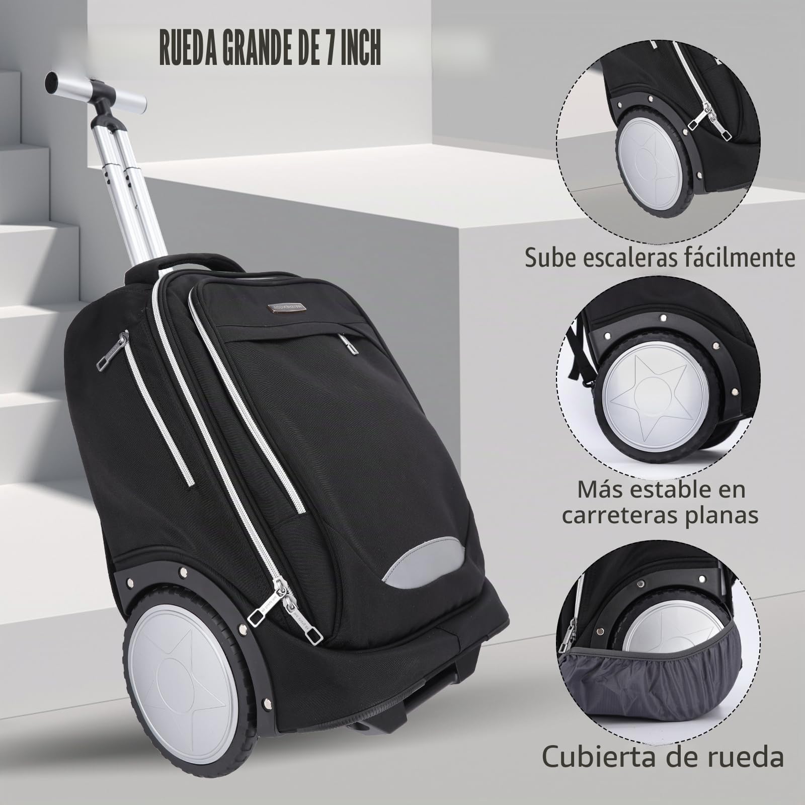 Hivexagon Mochila con Ruedas, Mochila rodante con Ruedas de 7 Pulgadas – Mango telescópico Reforzado, Compartimento para Laptop, Ideal para Negocios y Viajes – Negra