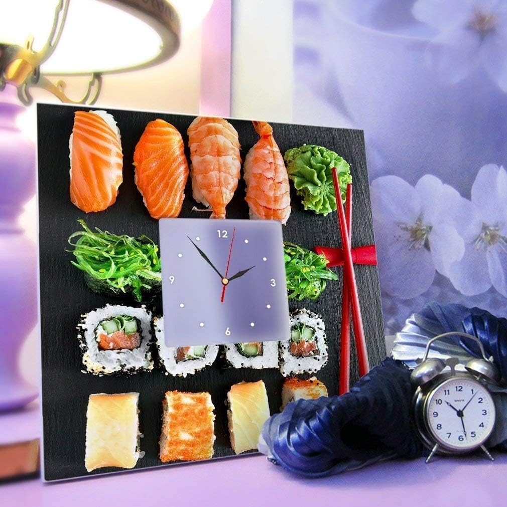 Sushi Wall Clock - Japanese Sashimi Roll Decor, White Square Framed - Kitchen & Bar Interior Design, Unique Gift for Sushi Lovers