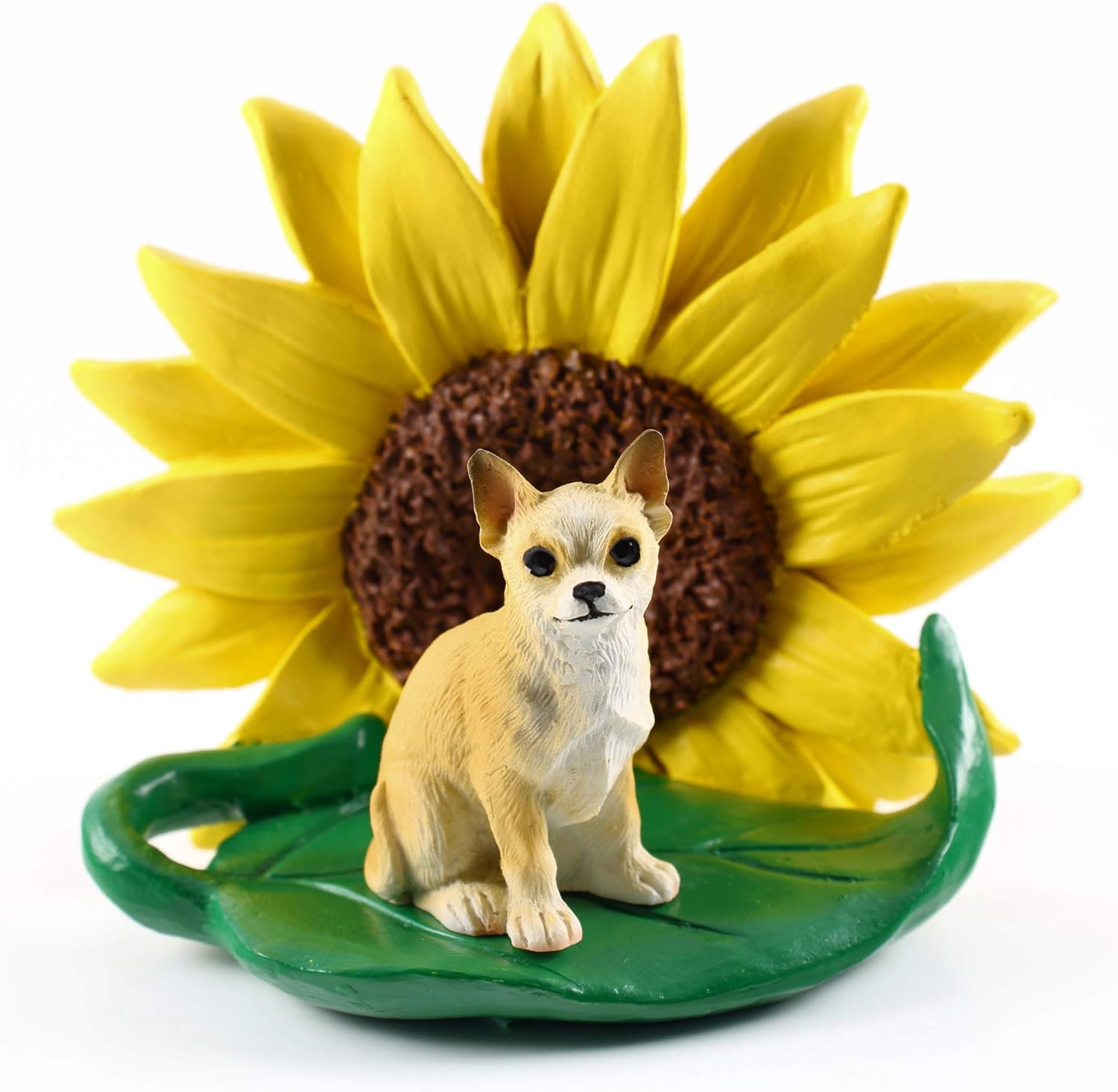 Conversation Concepts Chihuahua White and Tan Figurine – Sunflower Statue Gift: Realistic Hand Painted Sculpture, Summer Nursery or Home Office Desk Decor, Spring Shower Present