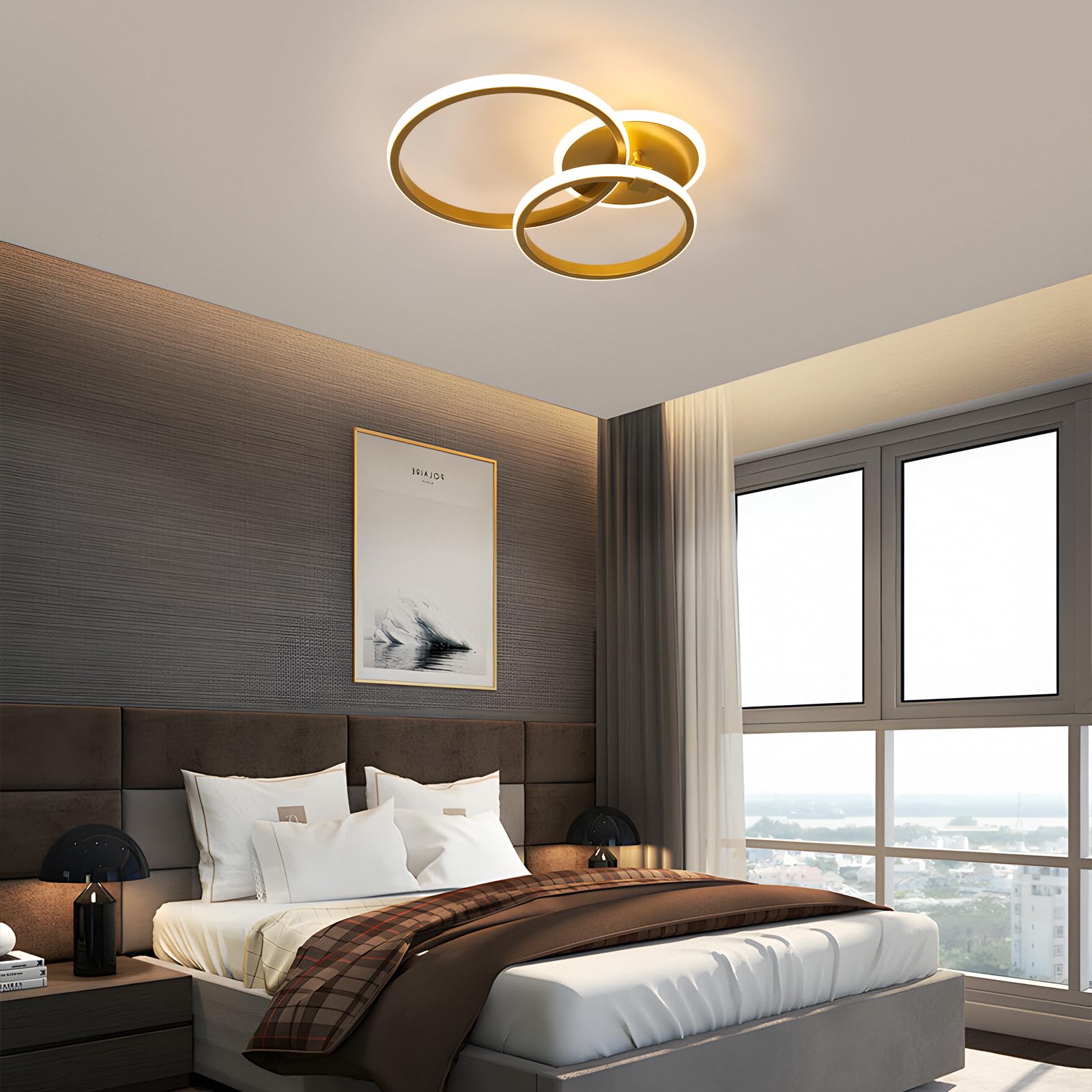 Comely Złoty Plafon LED, 42W 4700LM Nowoczesna Aluminiowa Lampa Sufitowa, Akrylowa Oprawa Sufitowa LED Do Salonu, Sypialni, Korytarza, Kuchni, Holu, Biura, 3000K Ciepłe Białe Światło