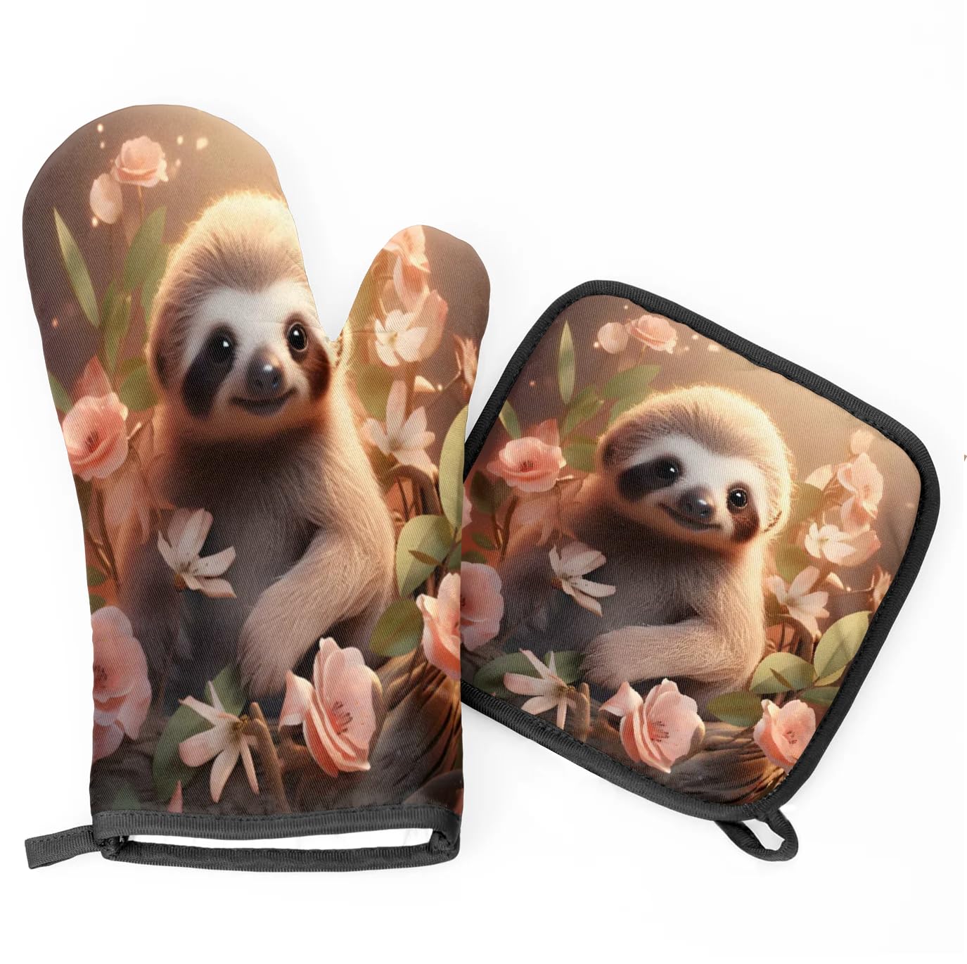 Beautiful Flower Sloth Oven Mitts Kitchen Oven Gloves for Cooking Baking Heat Proof Lining Cotton Kitchen Potholder Mittens Pot Holders Hot Pads for Chef Women Men