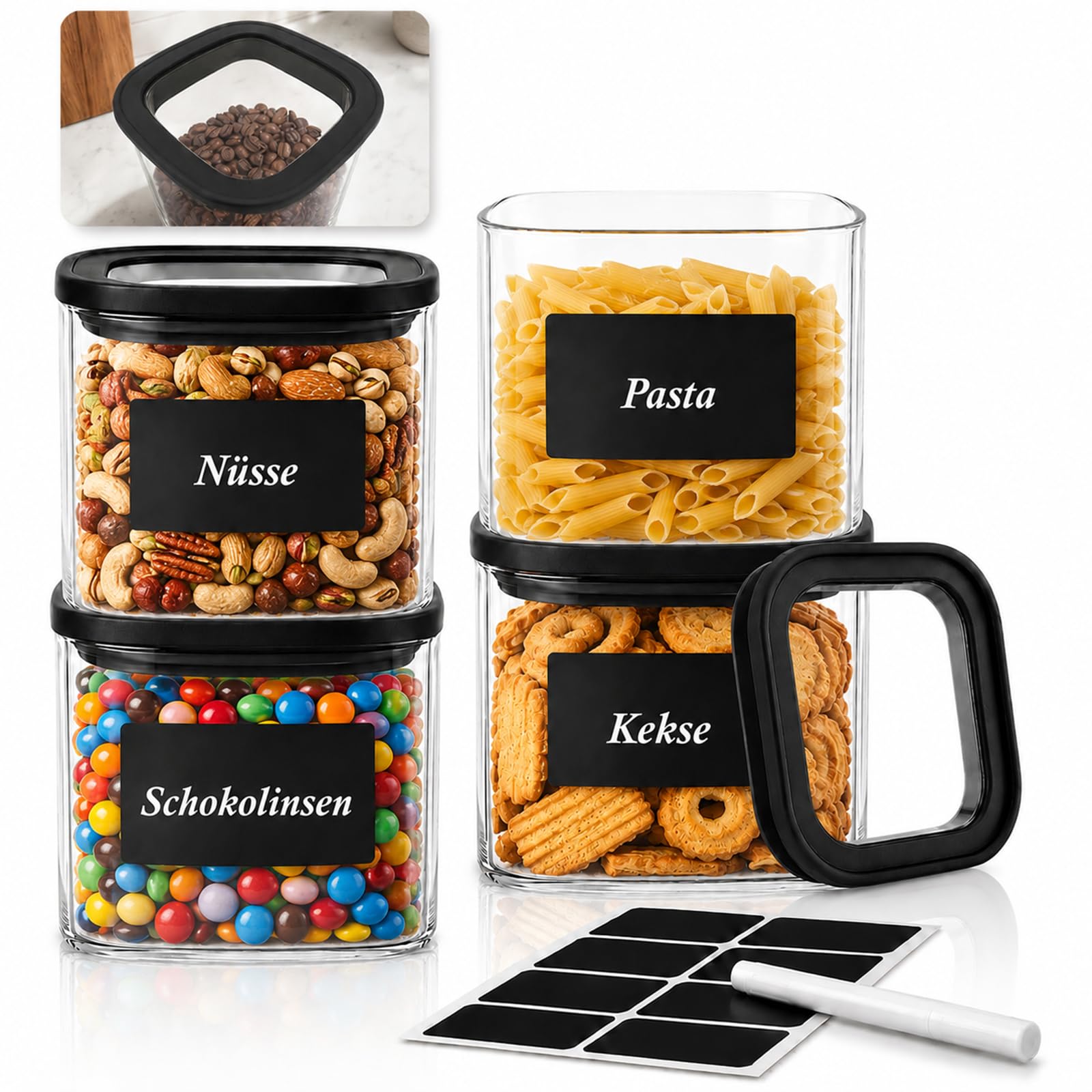 twoant Pot Carrée Lot de 4×600ml Bocaux Verre Hermétique Idéal Pour avec Couvercle Transparent les Épices, Piments, Céréales, Noix, Biscuits, Etc