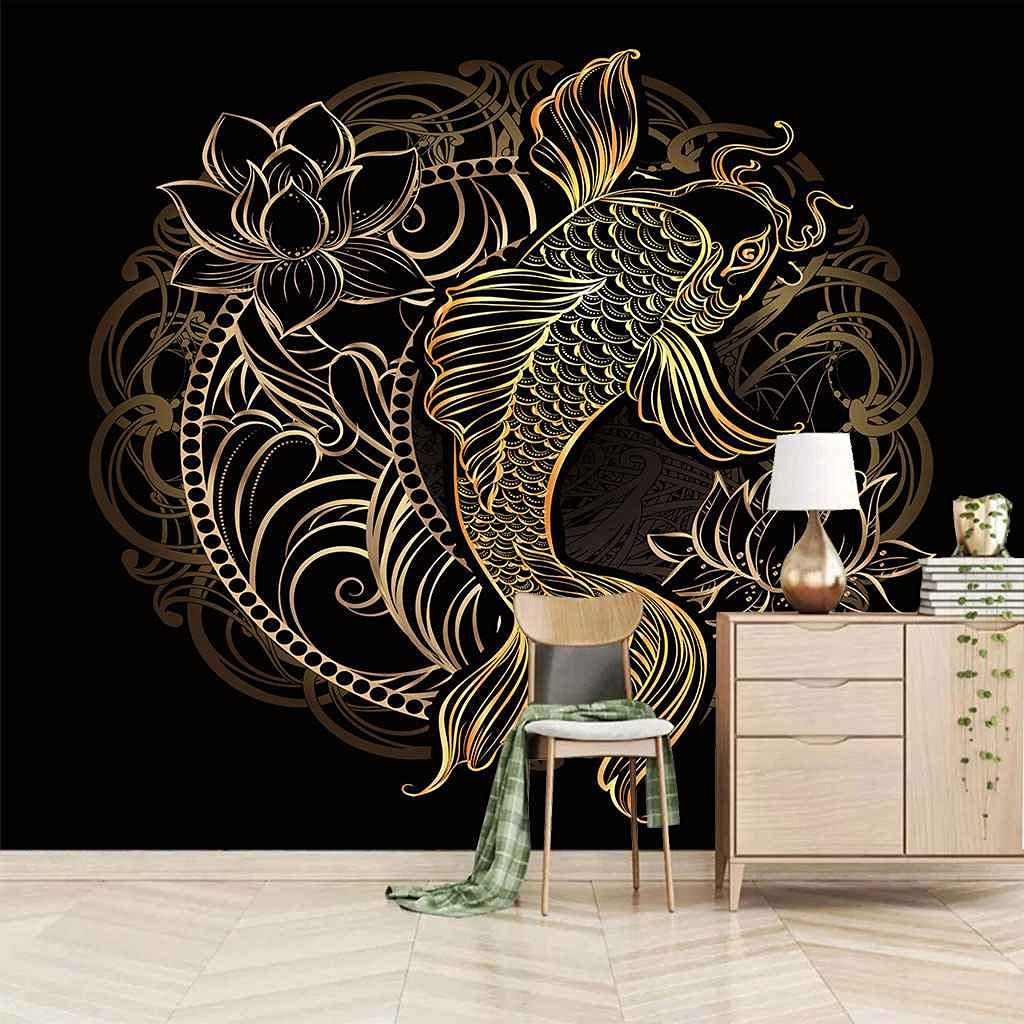 Papier peint canvas 3D lotus d'or et carpe koi décoration murale autocollante salon 300x210 cm