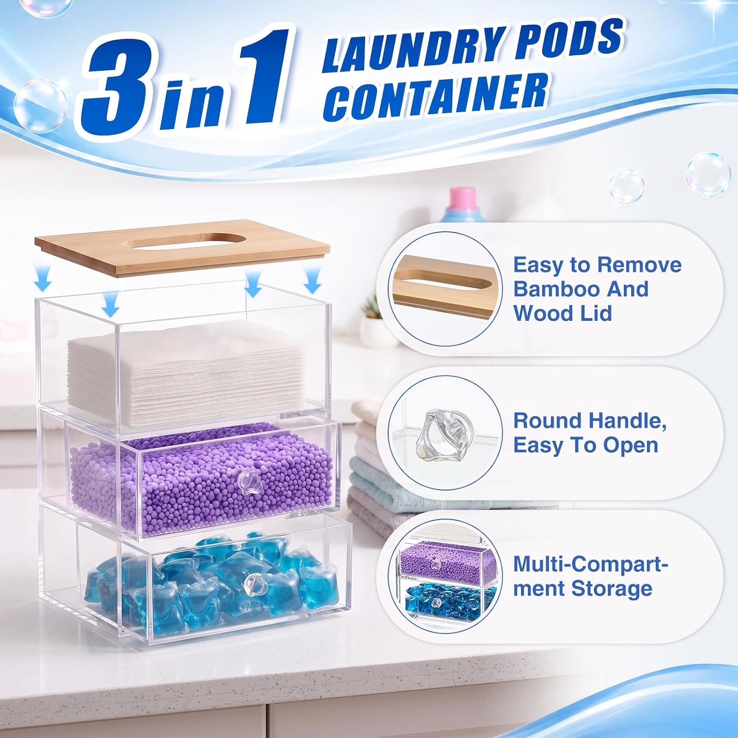 Juexica 3 in 1 Laundry Pods Container & Dryer Sheet Holder & Fragrance Beads Dispenser with Drawer Bamboo Lid Acrylic Dishwasher Pods Container Laundry Room Organization Storage for Room Kitchen Home