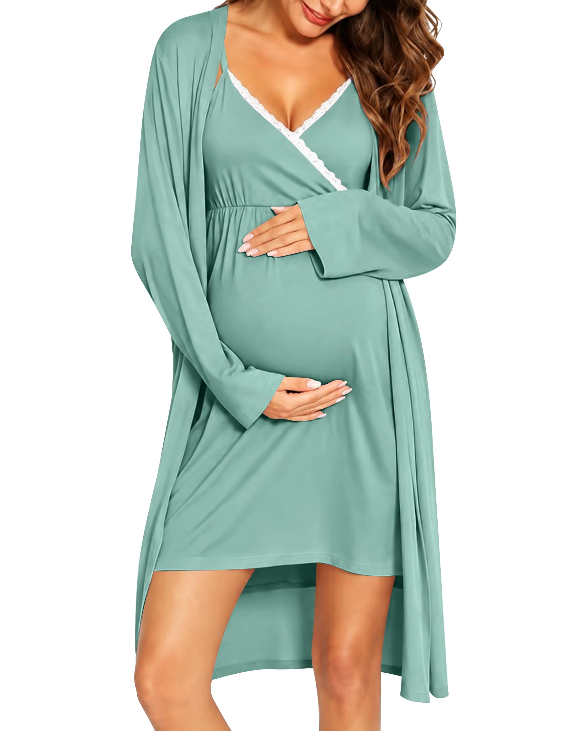 SWOMOG Womens Maternity Robe 2 Piece Nursing Nightgown for Breastfeeding 3 in 1 Labor Delivery Nursing Dress Lace Bathrobe