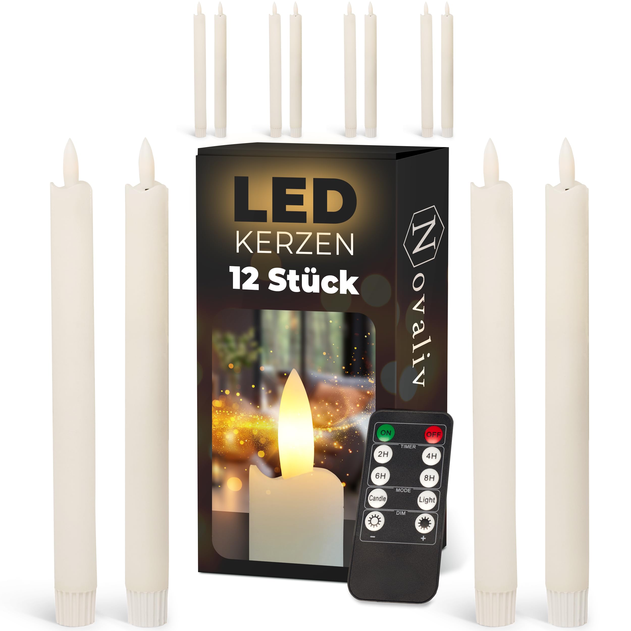 Stabkerzen LED mit Timer WEISS 12 Stück indoor - 6 Stunden - ECHTWACHS 23cm Höhe für Kerzen 2,2cm Durchmesser 2 AAA Batterien notwendig LED Stabkerzen 4er Set WEISS (drei Mal) bewegliche Flamme Licht