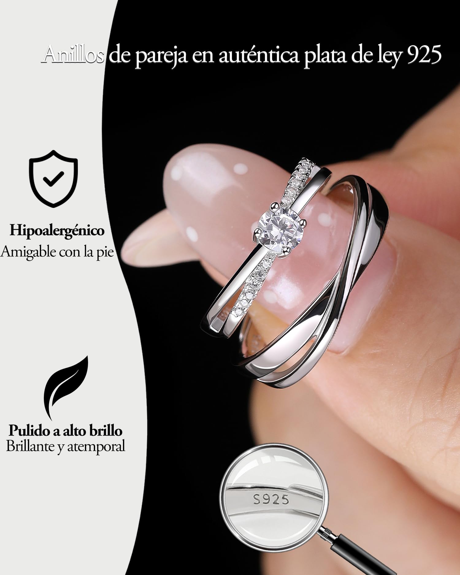 Messia Alianzas de Plata Pareja Anillos de Compromiso de Ley 925 Diseño Cruzado con Circonita Redonda Anillo Ajustables para Ella y Él Boda Aniversario Regalo
