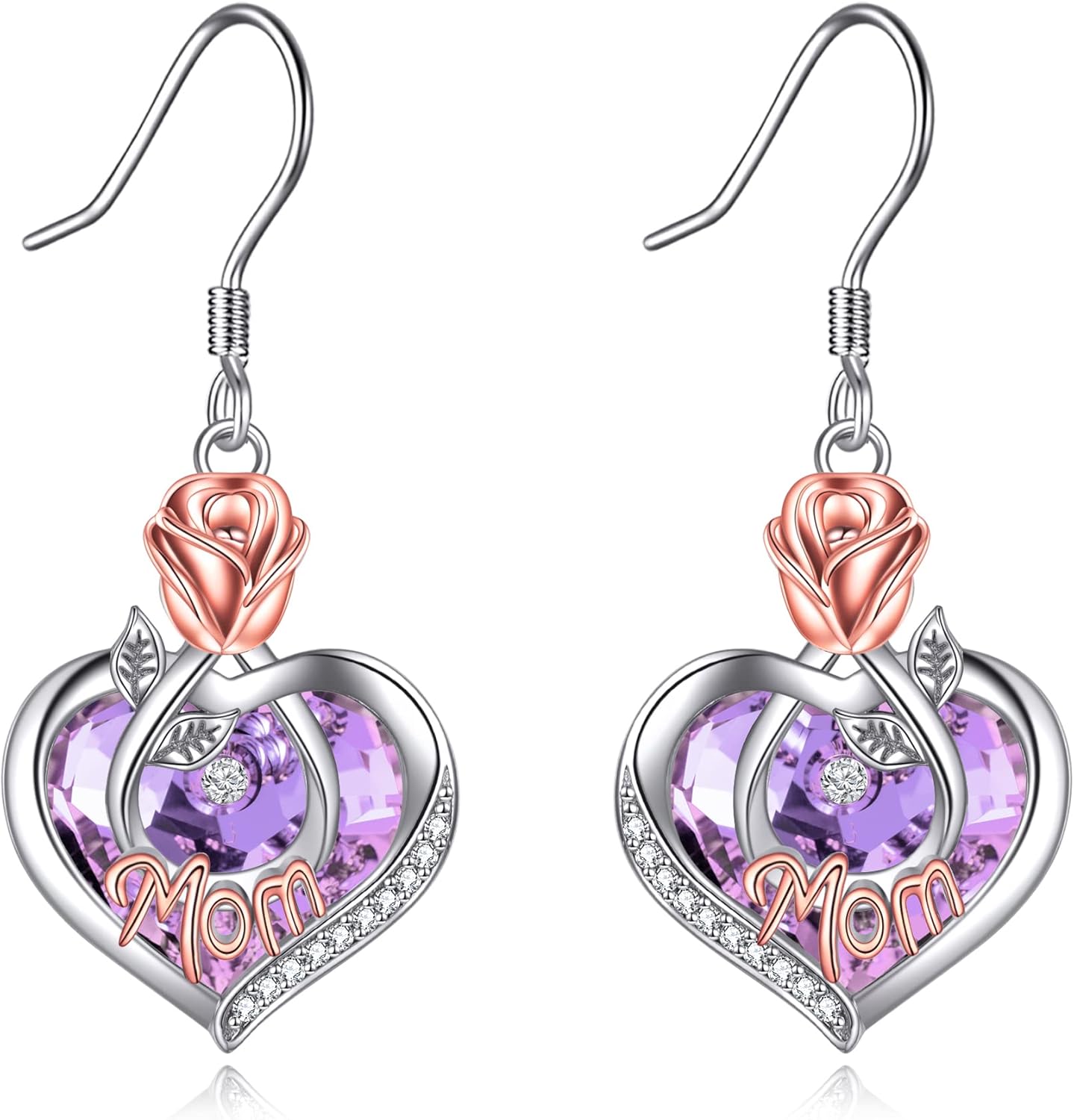 Gifts for Mom Mom Earrings with Rose Flower Love Heart 925 Sterling Silver Crystal Dangle Drop Hook Earrings Jewelry