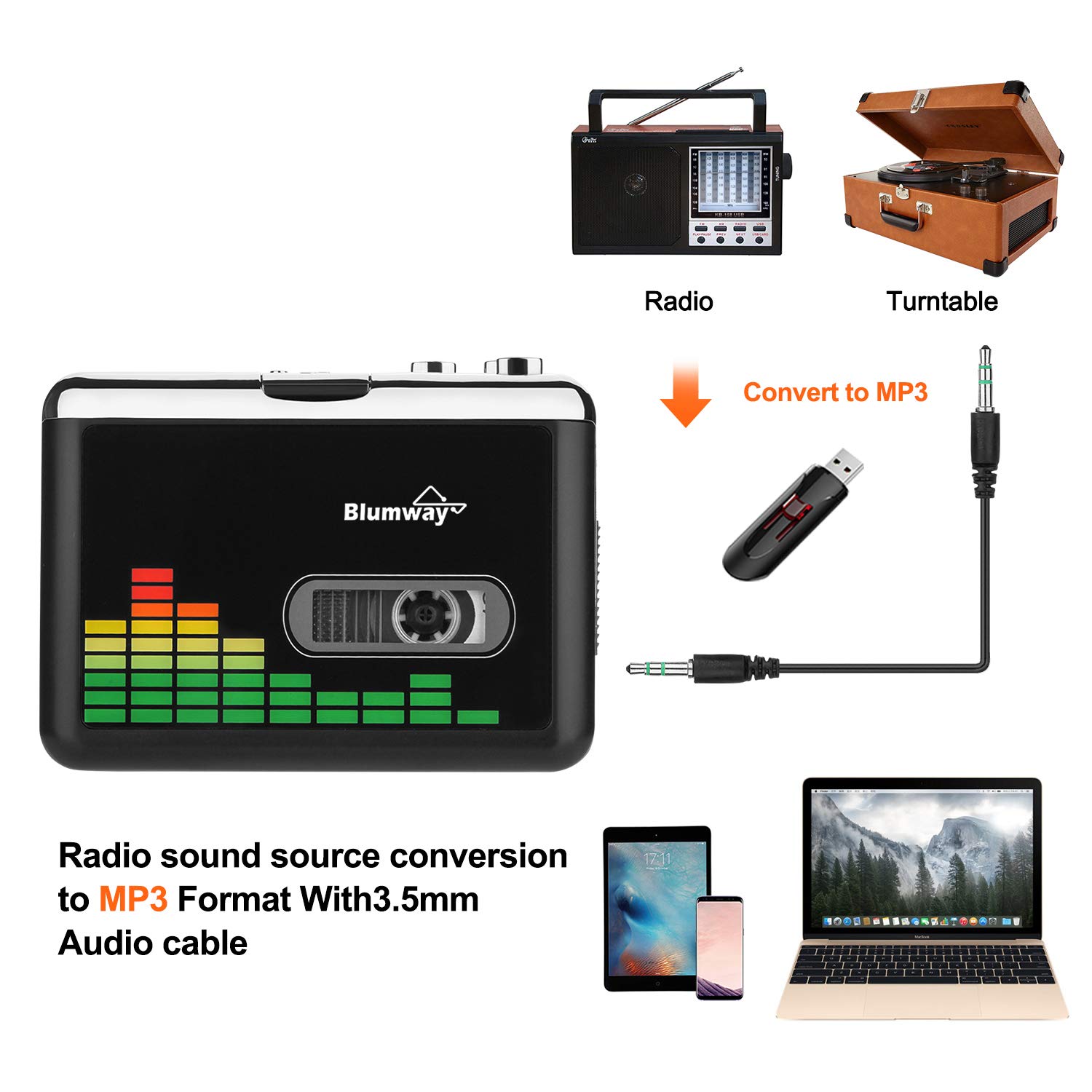 BlumWay Convertitore da cassette a MP3 tramite unità USB, convertitore di cassette digitale Audio Music Tape con auricolare