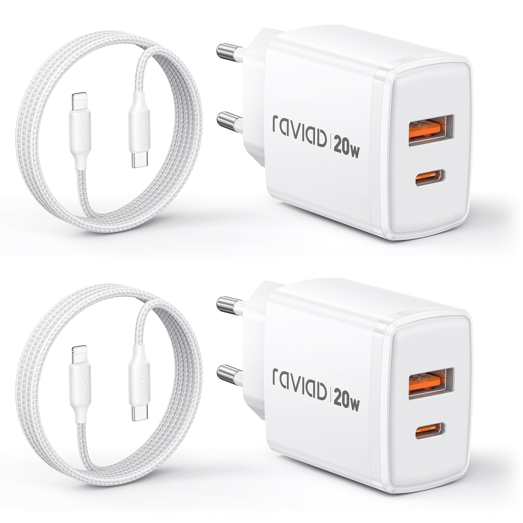 RAVIAD iPhone Ladekabel und Schnellladegerät [MFi-Zertifiziert] 20W iPhone Ladegerät 2-Pack, 1M USB C auf Lightning Kabel mit Netzteil Ladestecker für iPhone 14 Pro Max 13 Plus 12 11 SE X iPad