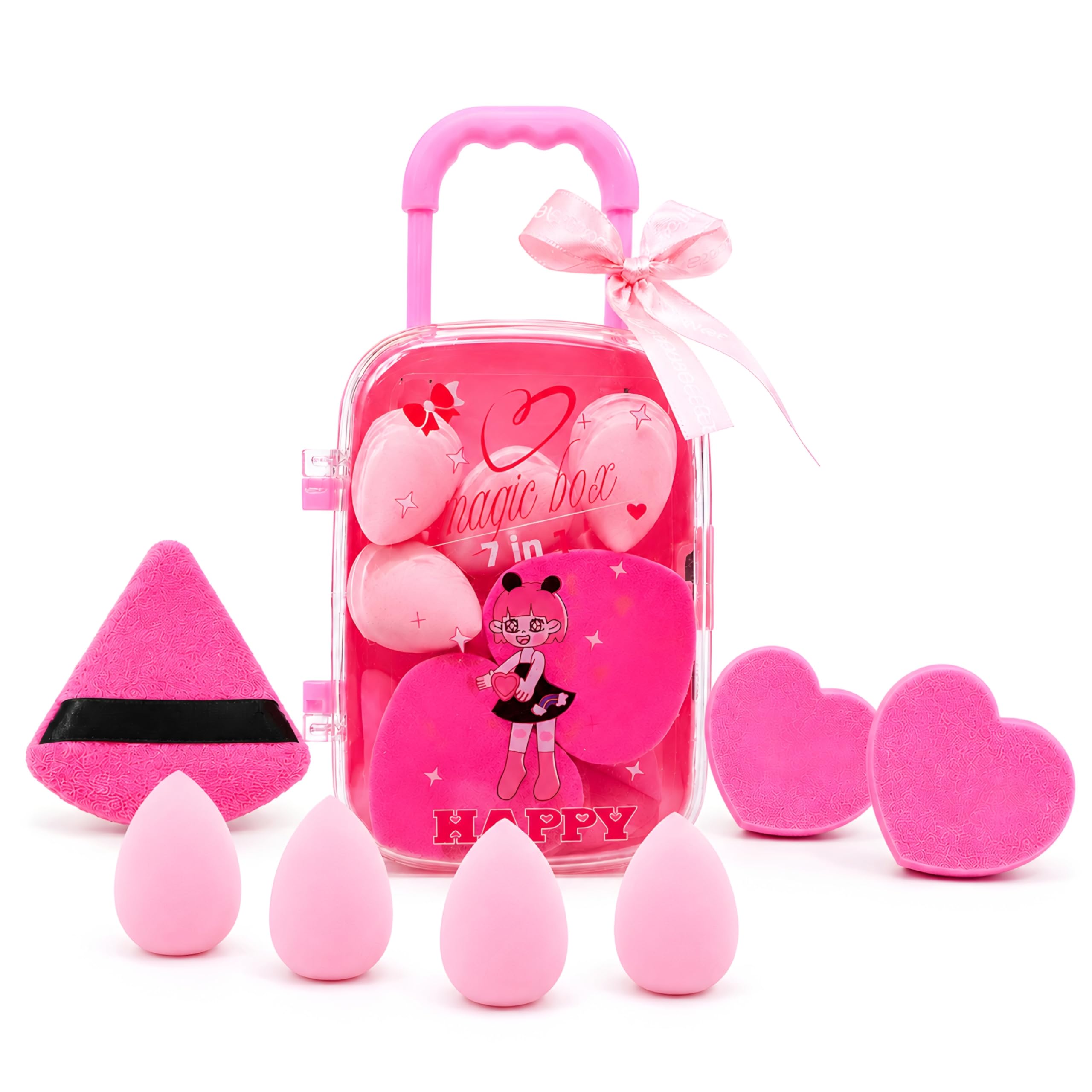 7-in-1 Cute Trolley Makeup Sponge Set with Storage Case | Beauty Blender Kit with 2 Heart Blenders, 4 Mini Egg Sponges & Triangle Finger Puff | Soft Hydrophilic Latex-Free Makeup Applicator for Foundation, Concealer, BB Cream & Powder-picture-25