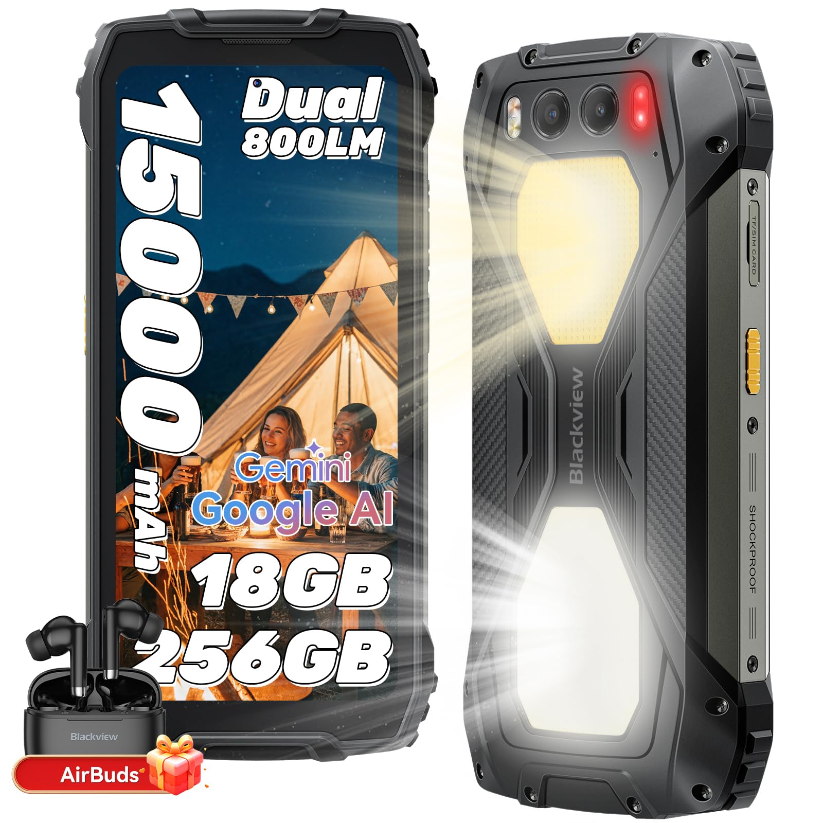 Blackview BV7300 Outdoor Handy, 15000mAh Akku, 18GB+256GB(2TB), Dual 800LM Campinglicht, Outdoor Smartphone Ohne Vertrag Android 14, 6.67" 90Hz Display, NFC/50MP+32MP+Nachtsehen 20MP/Corning Glas/GPS