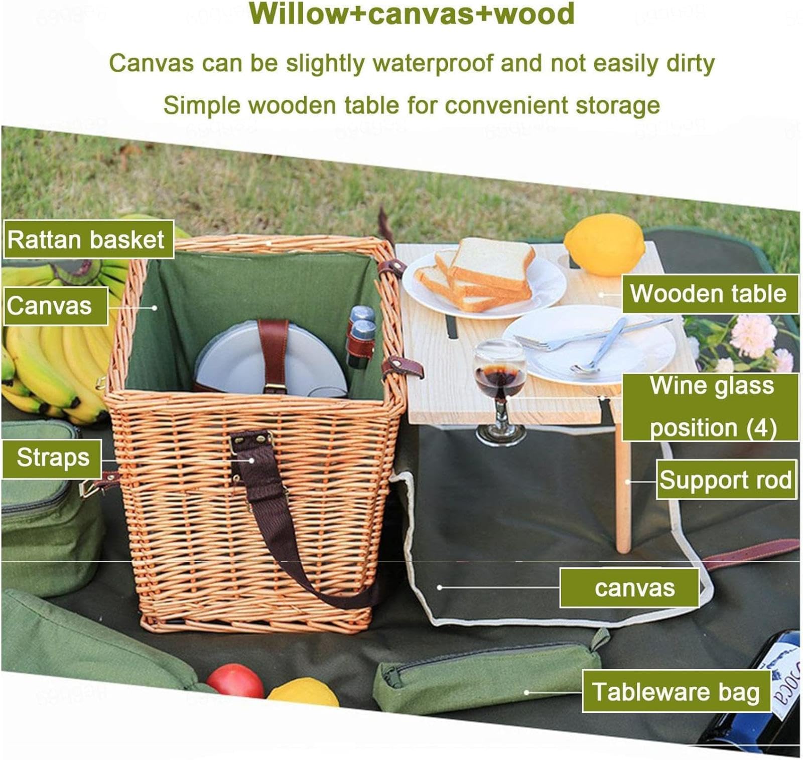 Picknickkorb-Set aus Weidengeflecht für 2 Personen mit Picknickdecke, Tragbarer Klappbarer Weintisch, Große Isolierte Kühltasche und Besteckservice-Sets für 2 Personen, Camping, Hochzeit