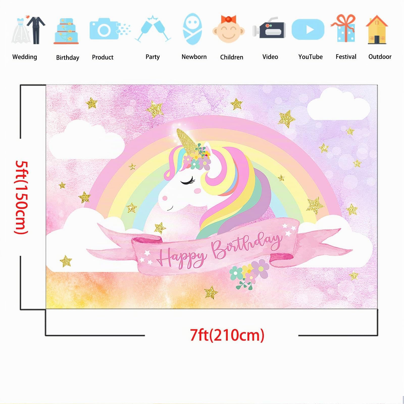 Sfondo Per Compleanno Unicorno 2.1x1.5m – Tema Principessa E Arcobaleno Con Glitter, Per Foto E Decorazioni