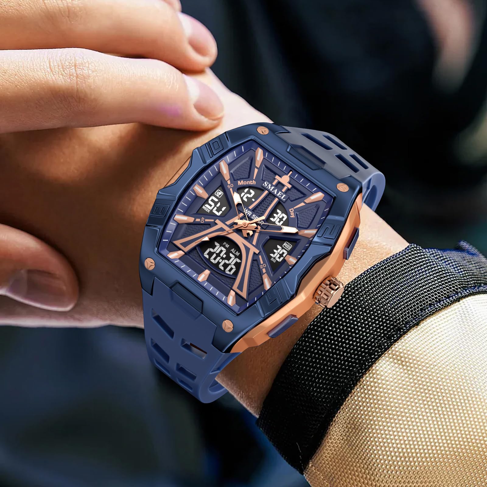 Gosasa Tonneau - Reloj deportivo analógico digital para hombre, resistente al agua hasta 50 m, reloj de pulsera de gran tamaño con retroiluminación LED, cronómetro, alarma, visualización de fecha y