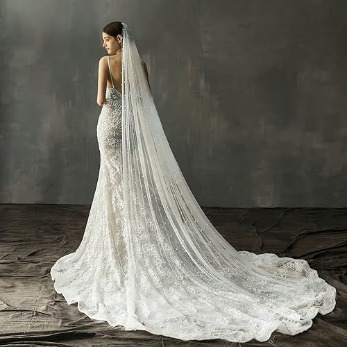 Miniatura 2 de AMBRE ADELE Cathedral Bridal Long Tulle Veil With Pearl, Wedding Veil for Brides