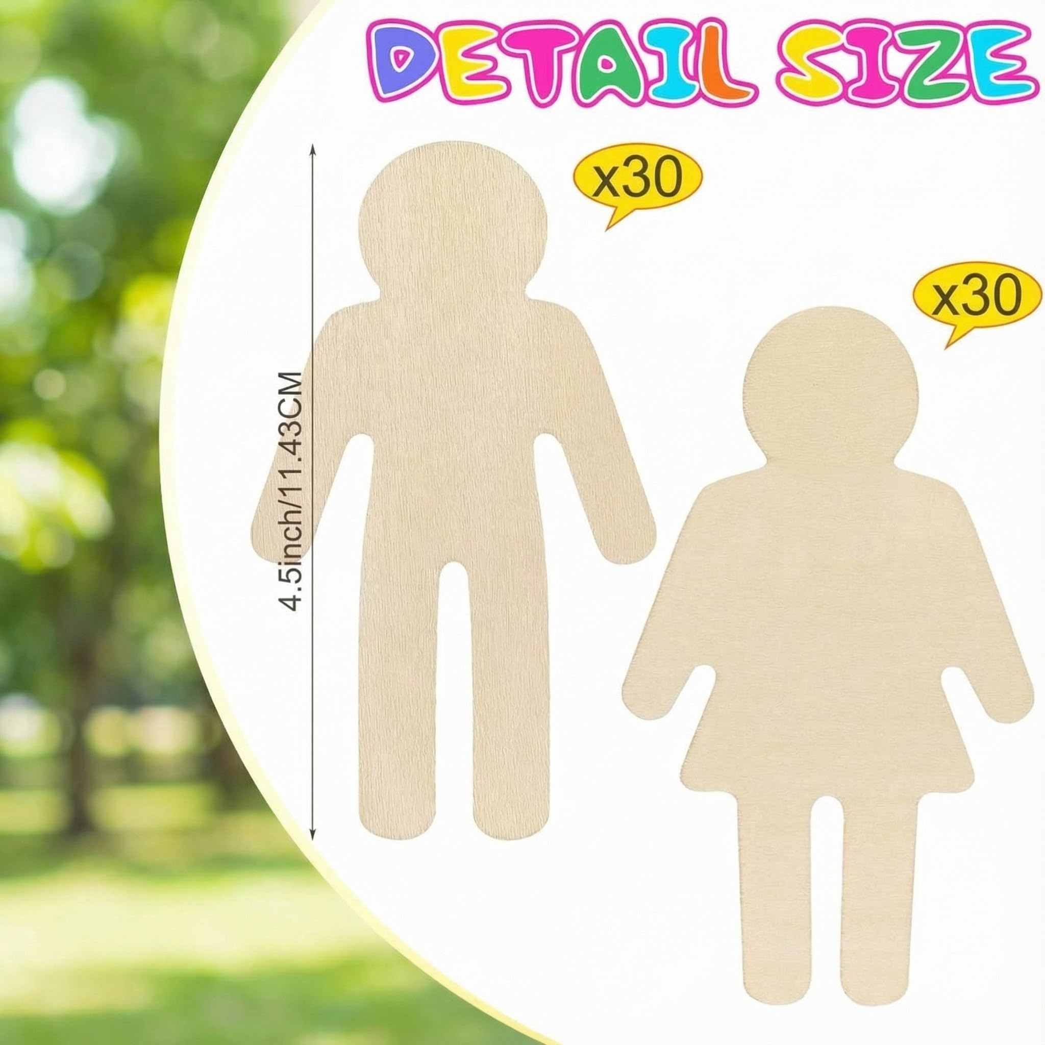 Barydat 60 piezas de recortes de madera con forma de personas de 5.5 x 2.4 pulgadas, con forma de niño y niña, manualidades de madera sin acabar, rebanadas de personas en blanco para proyectos de