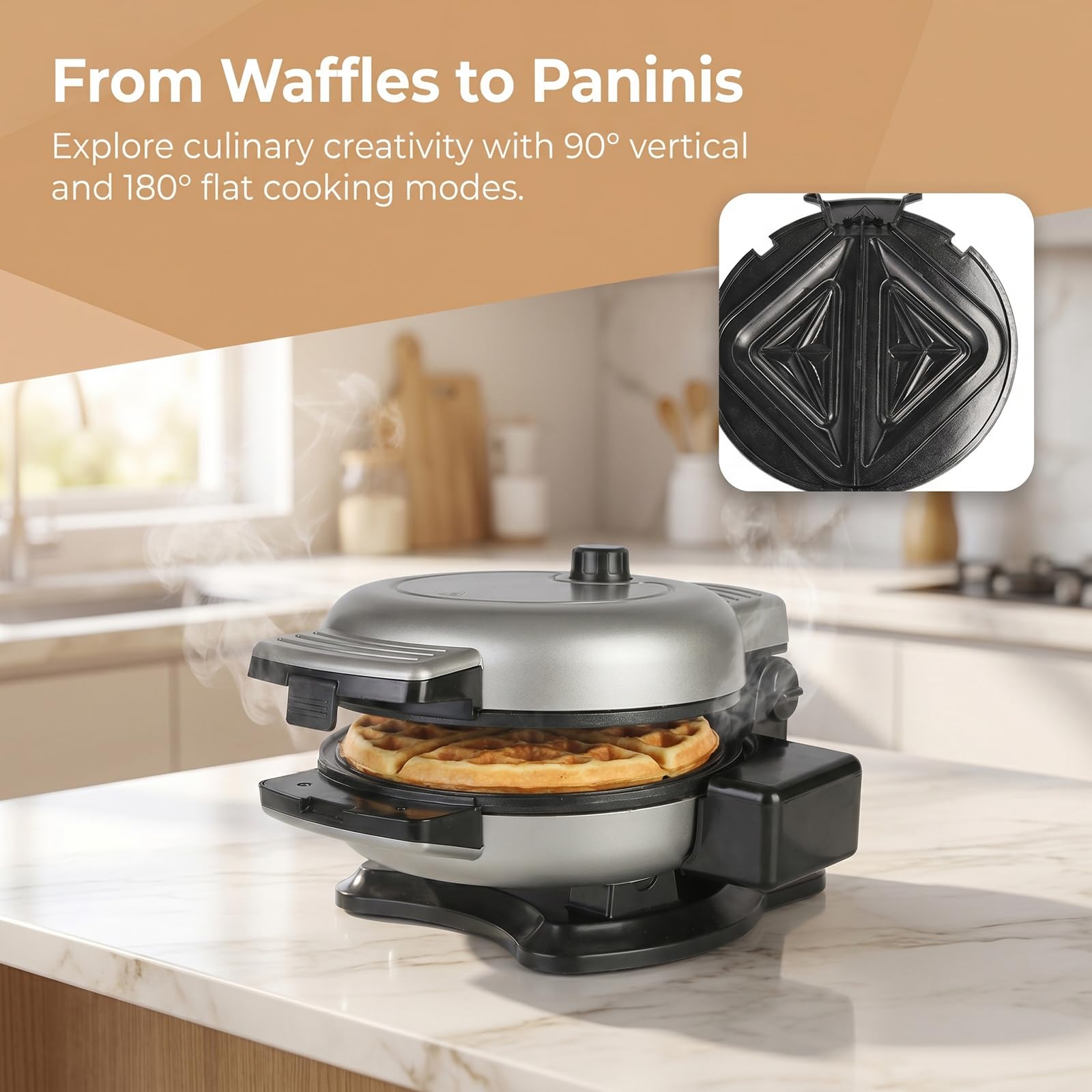 Gofrera Vertical De 650 W, Antiadherente, con 2 Niveles De Tostado, Protección contra Desbordamiento, Recipiente para Goteo Y Placas Extraíbles, Ideal para Sándwiches Y Pasteles. Silver
