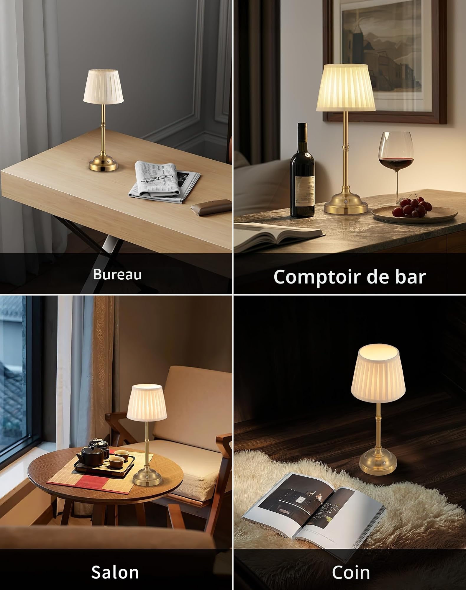 Lampe de table LED sans fil à intensité variable - Lampe de chevet rétro - Batterie - 4000 mAh - Convient pour l'intérieur, l'extérieur, le bar, le salon (abat-jour doré + beige)