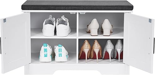 Miniatura 111 de Banco de almacenamiento de 2 niveles, banco de zapatos de 39.4 pulgadas de ancho con cojín de asiento acolchado, banco de entrada con 2 puertas de