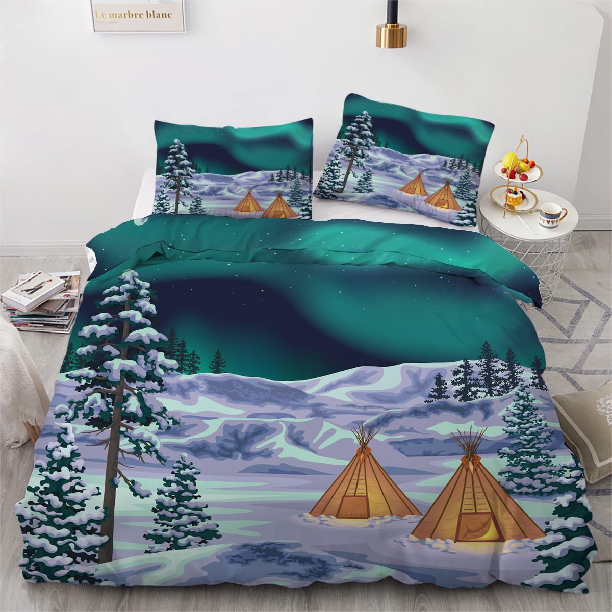 Housse de couette 3D sur thème hivernal avec fermeture éclair en microfibre