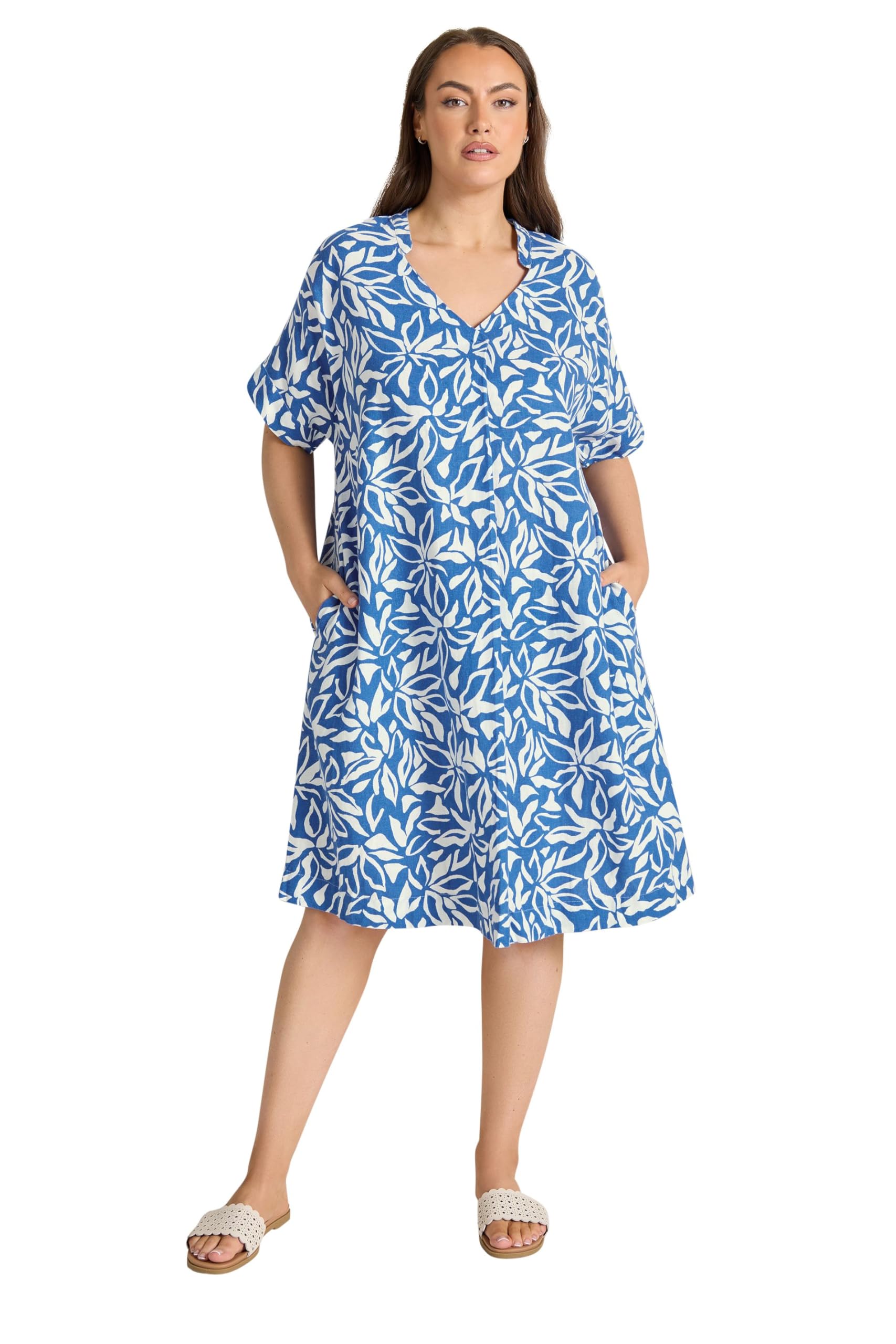 Evans Women's Blue Curve Premium Linen Leaf Print Shift Dress - Plus Size Curve
