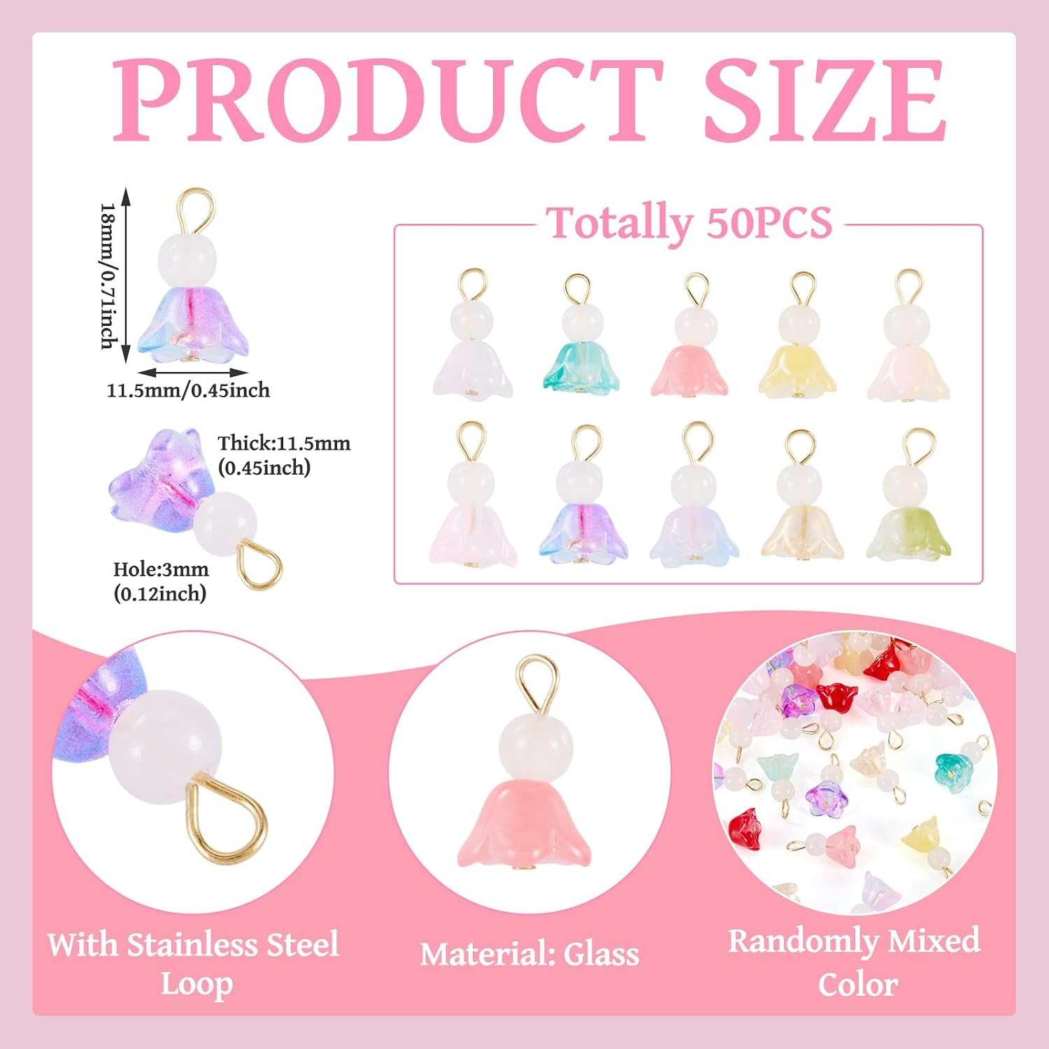 KISSITTY 50pcs Handmade Crystal Glass Flower Floral Charms Dangles Pendants Bulk Colorful with Round Beads for Jewelry Making Earring Necklace Bracelet DIY Crafts Keychain Phone Lanyards Wind Chimes image 4