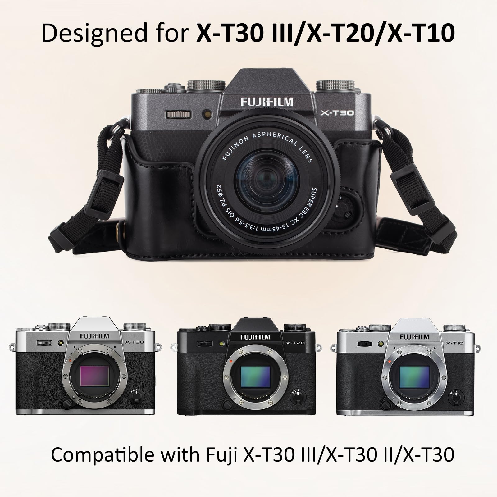 kinokoo Custodia per Fujifilm XT10 T20 XT30 XT30 II XT30 III, custodia protettiva in pelle PU Fuji X-T30 III X-T30 II X-T30 X-T20 X-T10 con obiettivo 16-50 mm e 18-55 mm - con tracolla - Caffè
