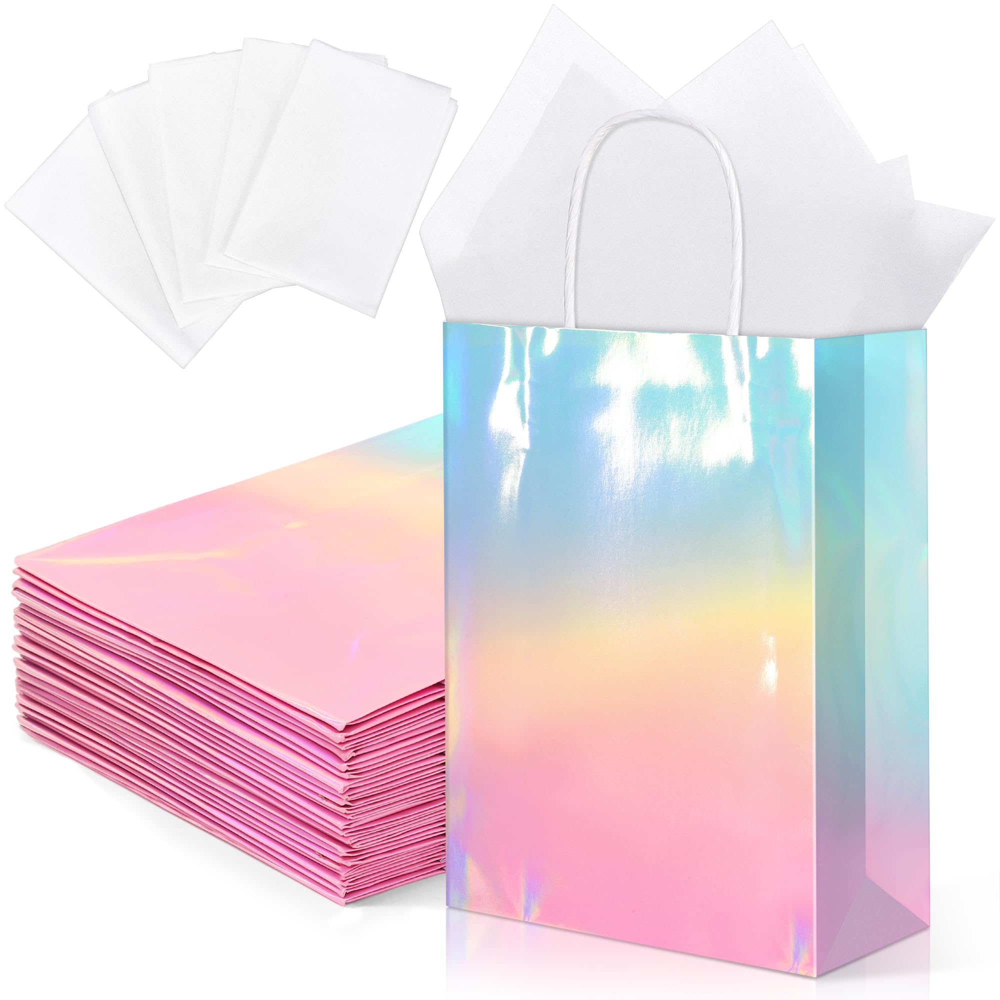 MIMIND 24 Pack Iridescent Paper Gift Bags with Handles Holographic Party Favor Bags with Tissue Paper 8.7 x 6.3 x 3.1 Inch Glitter Gradient Pink and Blue Goodie Candy Bag for Wedding Birthday Parties