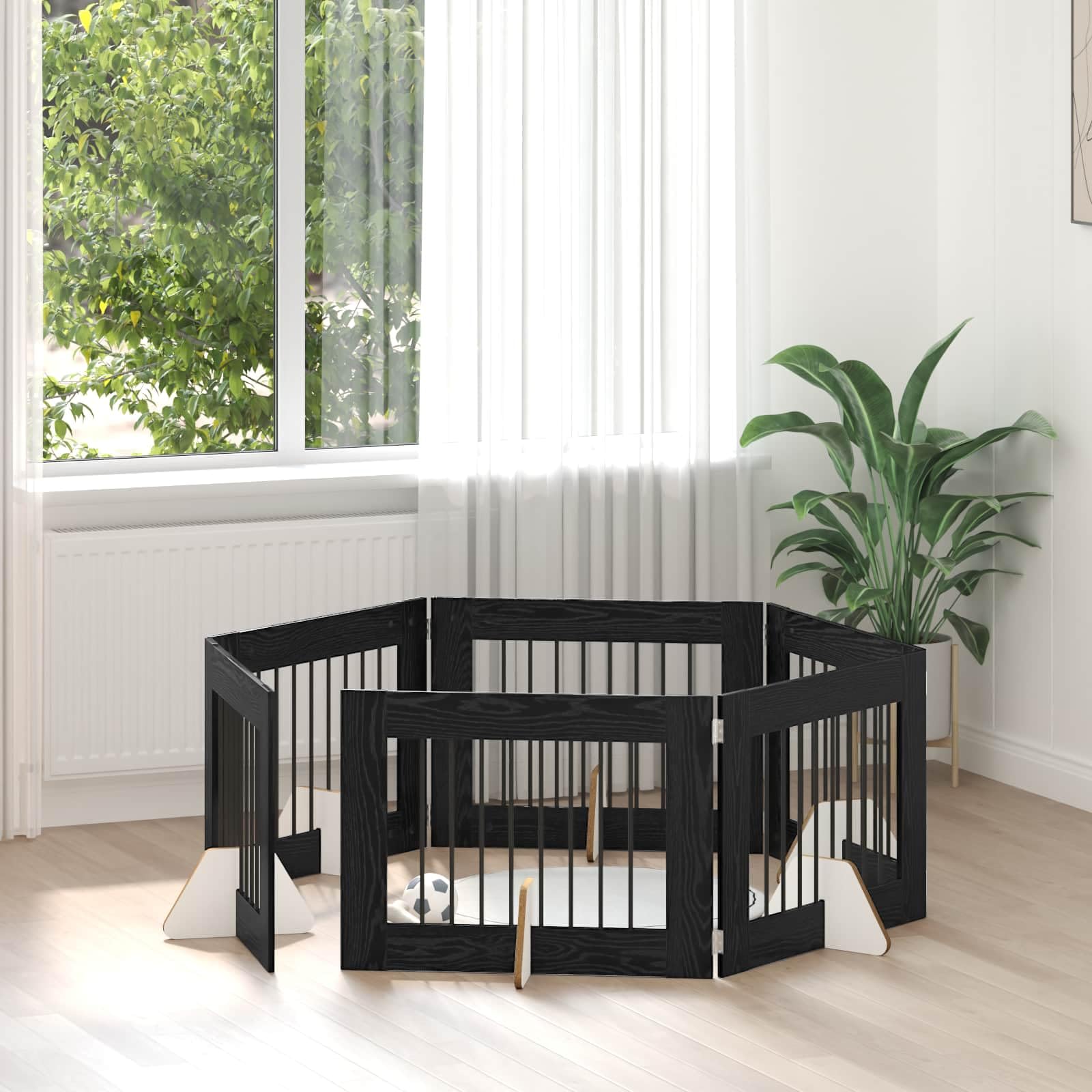 Portería para perros con soporte 6 piezas de roble negro 80 x 60 cm plegable y portátil, perrera de metal como barrera para interiores, protección y seguridad para cachorros y perros mientras