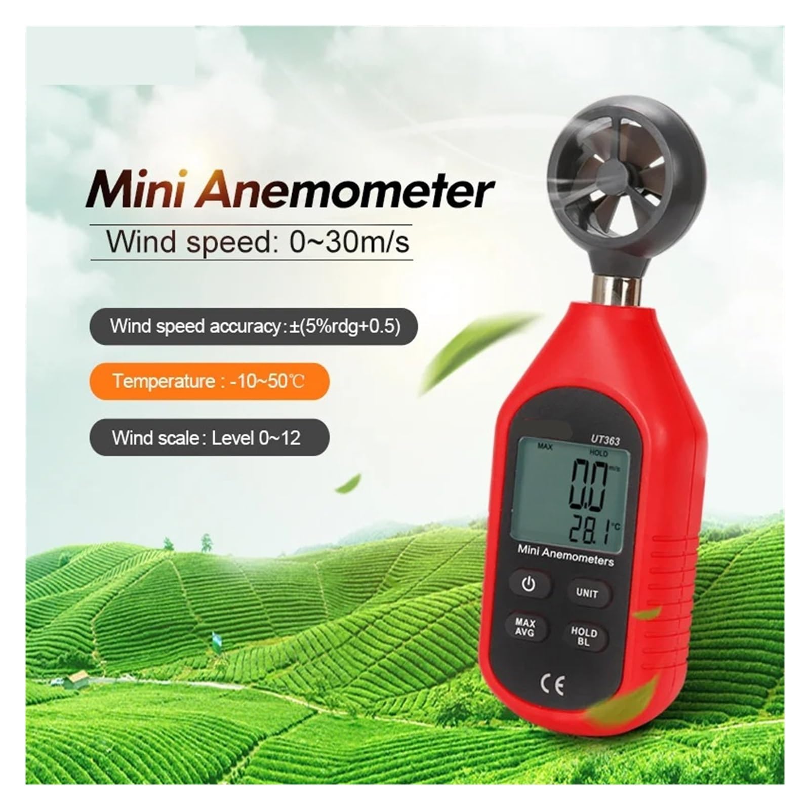 UT363 Anemometro Portatile Digitale UT363BT Misuratore di velocità del Vento Tester di Temperatura Display LCD Misuratore di velocità del Flusso d'Aria(UT363 BT)
