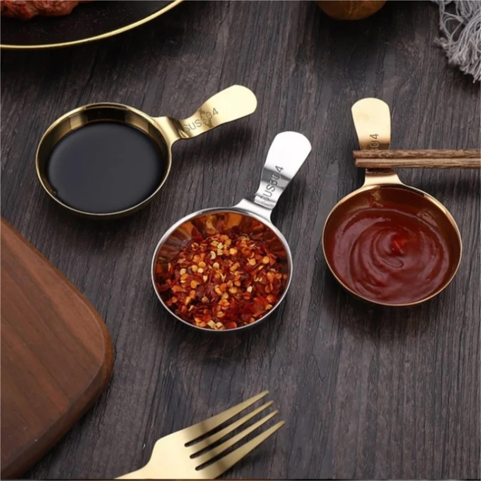 Piatti per tapas in acciaio inox color oro rosa, 3 pezzi, ciotole per condimenti e salse, piatti per salse, sushi e salsa di soia, eleganti piatti da cucina