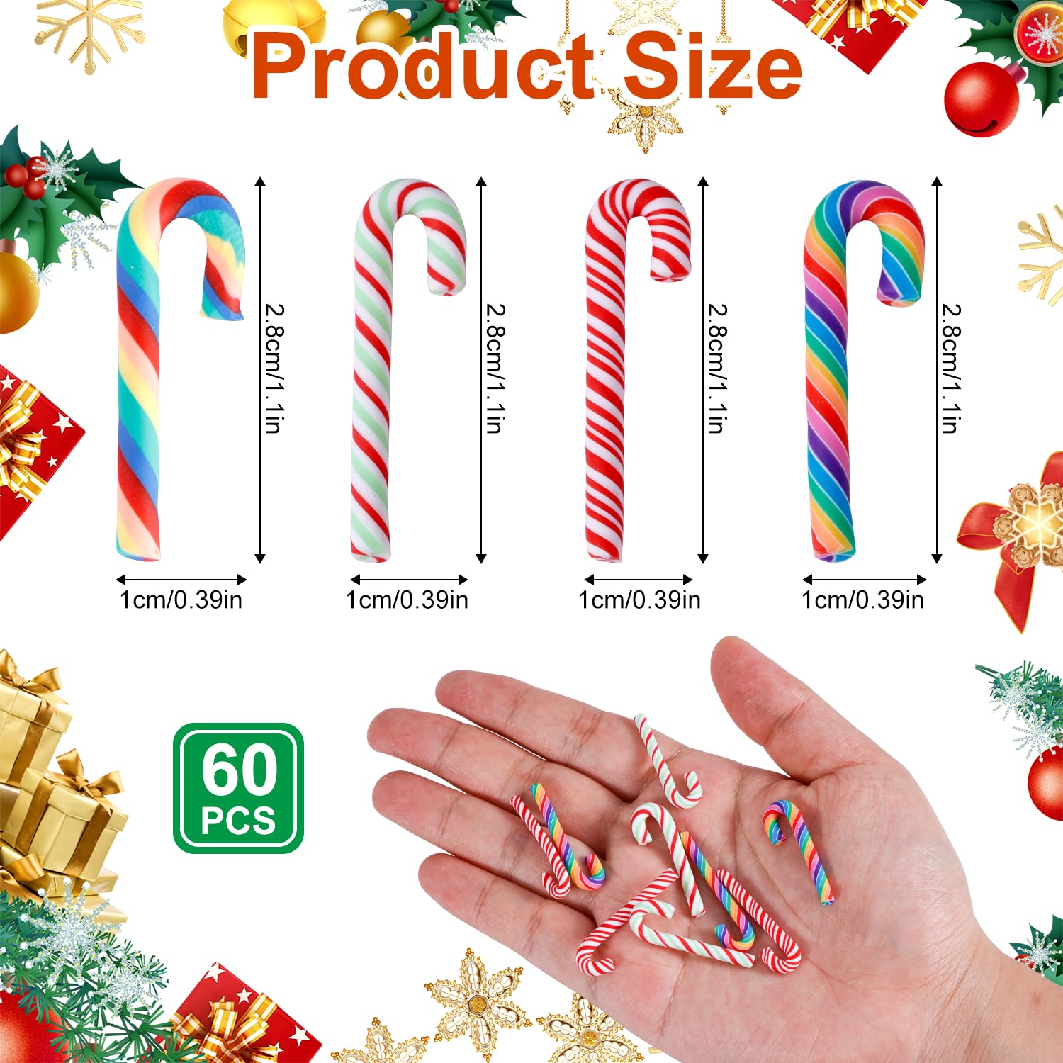 60pcs Mini Christmas Candy Decorations, Christmas Miniatures for Crafts Faux Candy Canes Xmas Candy for Crafts Ornaments Soft Clay Candy Canes for Tree Hanging DIY Crafts Party Decor - Image 2