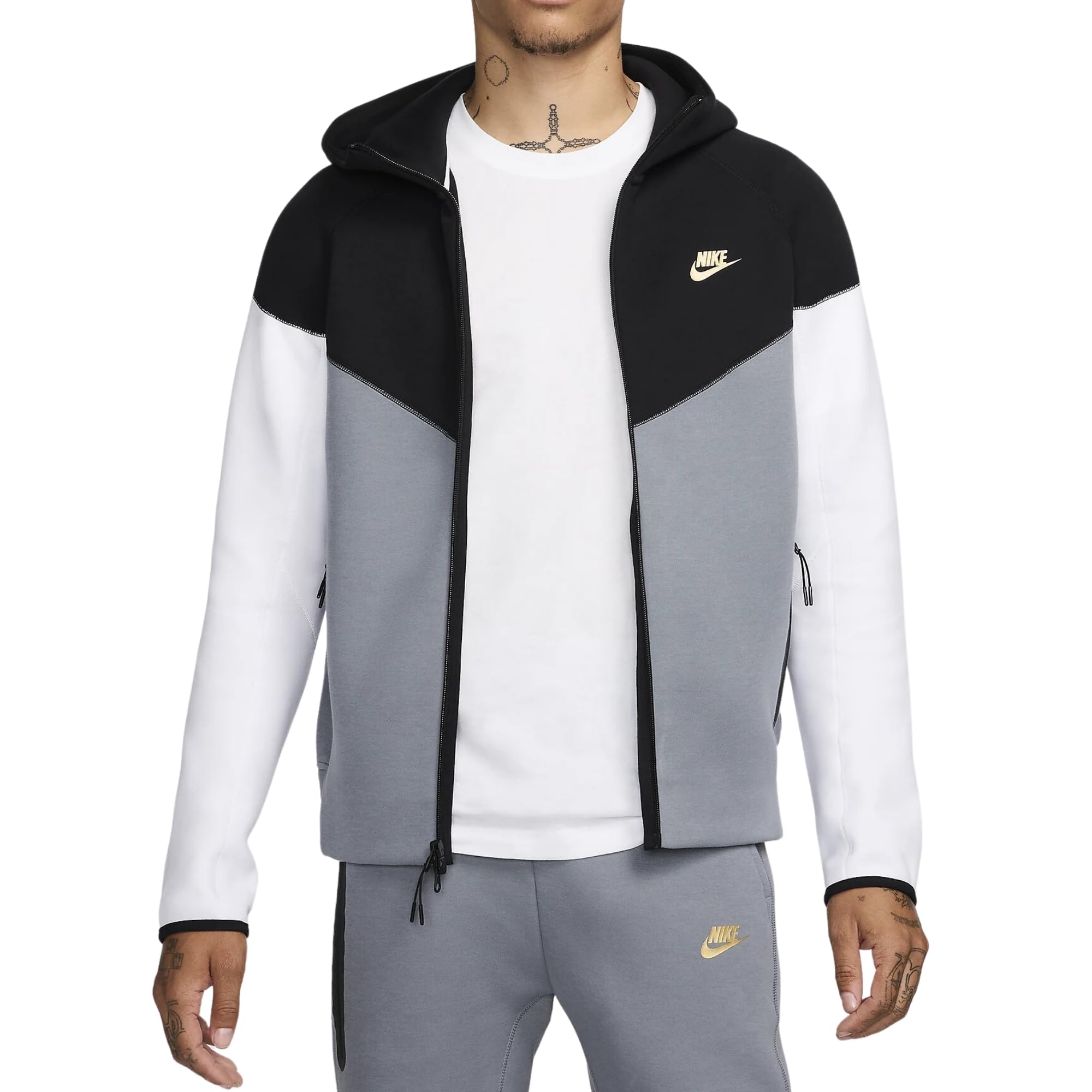 Nike Men's Black/Grey/White Hooded Sweatshirt With Zip Tech Fleece Windrunner Xs