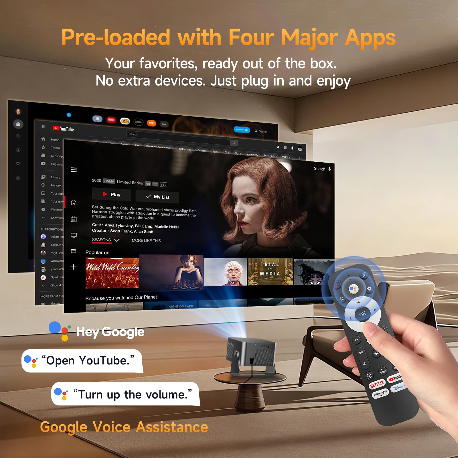 Alwtniet Vidéoprojecteur 4K avec Google TV – Full HD 1080P Natif, Autofocus Automatique du Trapèze, Projecteur Video Mini Retroprojecteur Home Cinéma, Bluetooth, WiFi, Portable Ultra Courte Focale