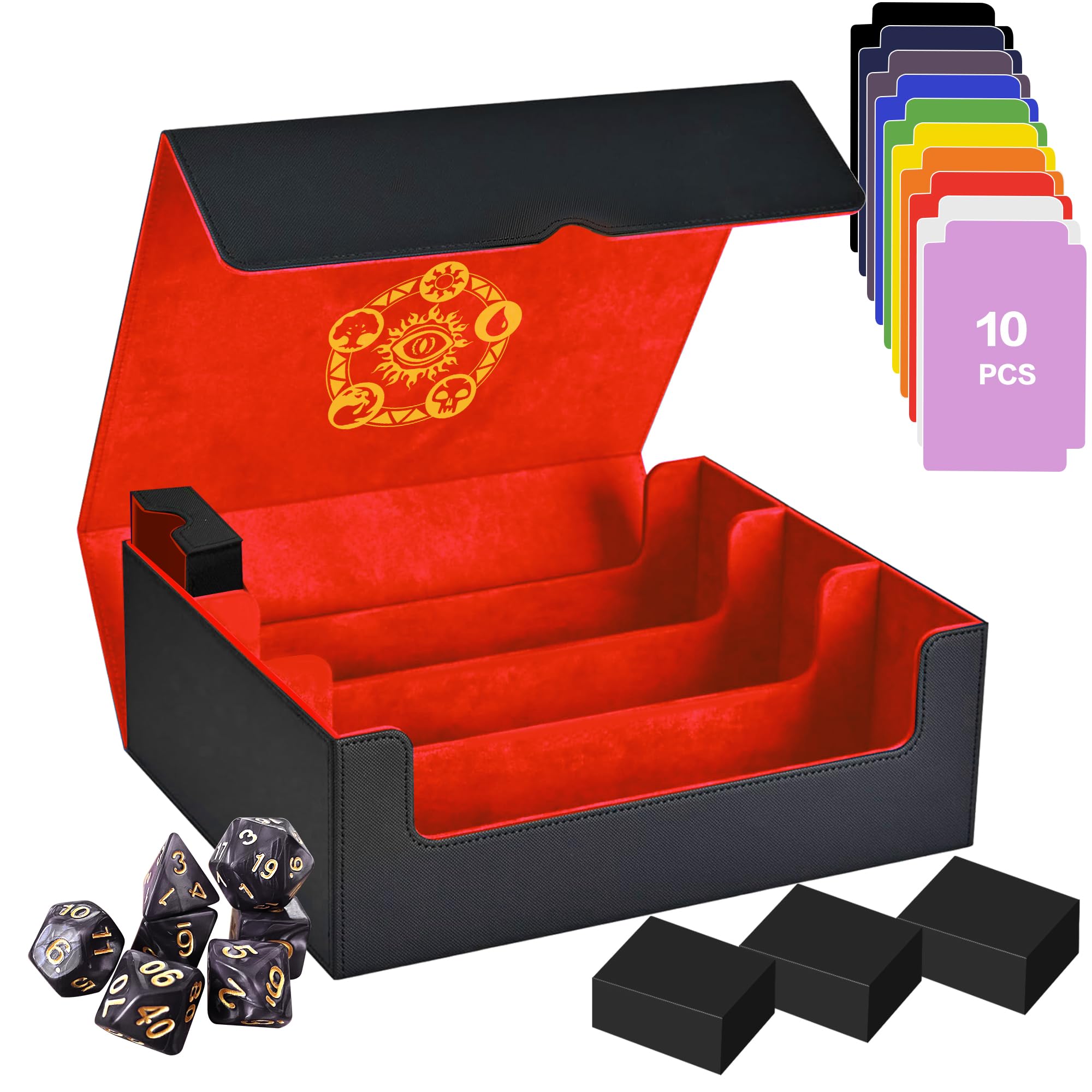 Trading Card Storage Box for MTG/TCG/YuGiOh, Commander Deck Case Fits 2000+ Cards, 10 Dividers, Dice Set, 3 Foam Stoppers, PU Leather, Magnetic Closure, Magic, Sports Cards (Red)