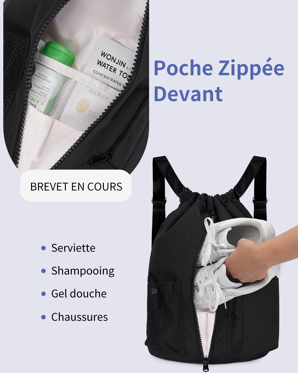 WANDF Sac à Cordon avec Compartiment à Chaussures, sac à dos sport Imperméable, Sac de Gym à Cordon pour Femmes Hommes Enfants, Grand Sac à Dos pour Sport Natation Voyages École (Noir)