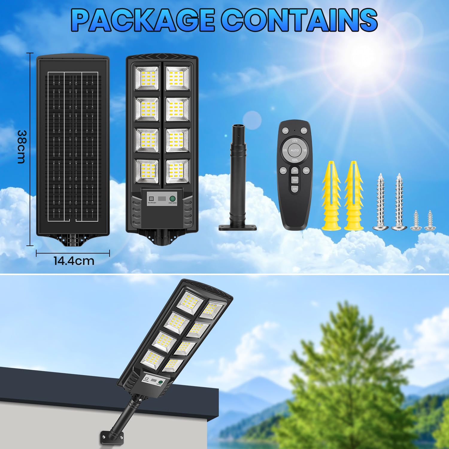 Farolas Solares Exterior, 6000K Focos Solar LED Jardín con Sensor de Movimiento y Control Remoto, IP66 Impermeable Lampara Solar Luz de Seguridad Exterior para Garage Patio Calle, 2 Pack