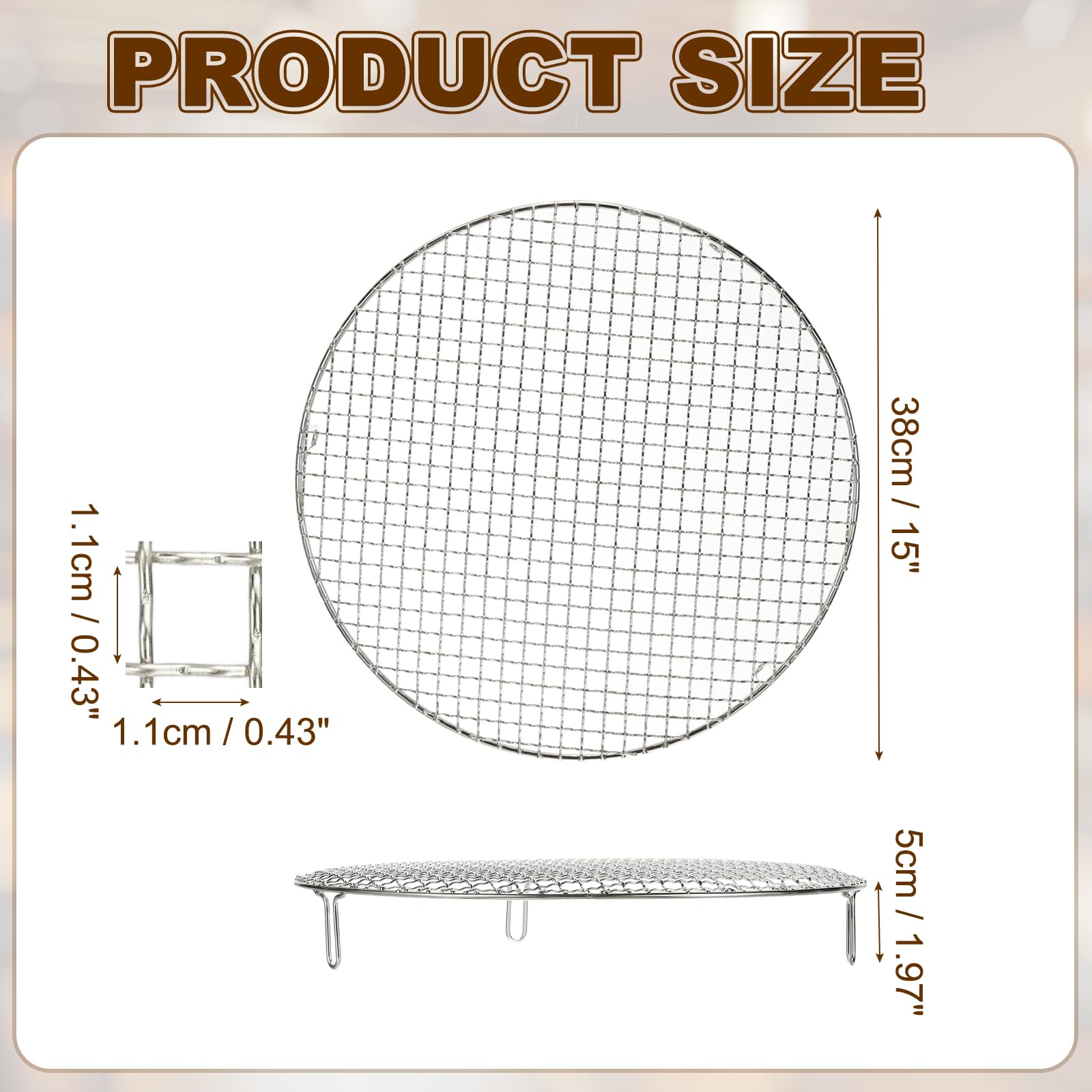 sourcing map Grille de cuisson ronde de 38,1 cm, grille de mise en conserve en acier inoxydable avec pieds, grille de barbecue en maille pour la cuisson, le refroidissement des ustensiles de cuisine à