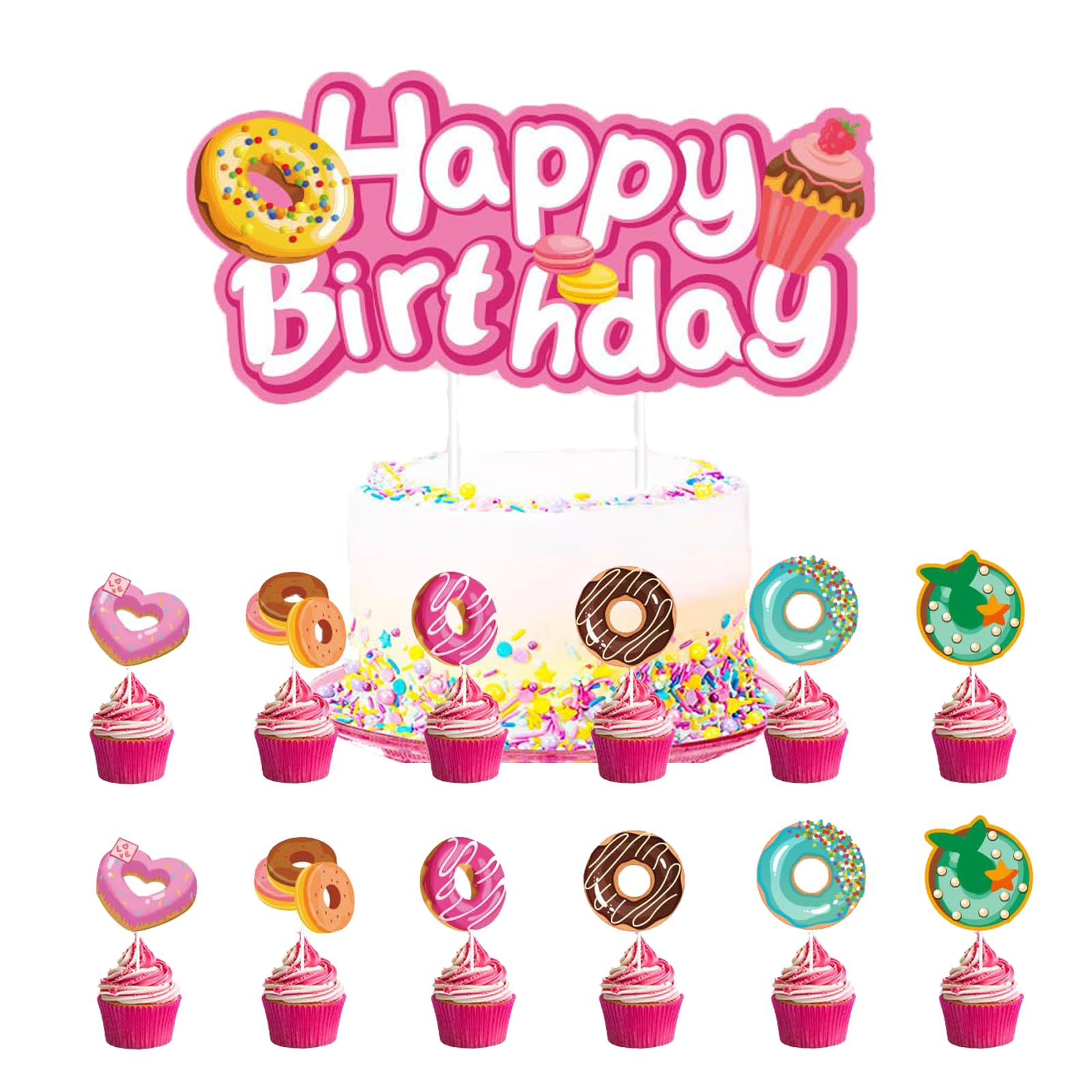 Decorazioni per feste con ciambelle Banner di buon compleanno Toppers per cupcake Decorazione per torte a tema dolce per ragazze Fornure per feste di compleanno con ciambella  15